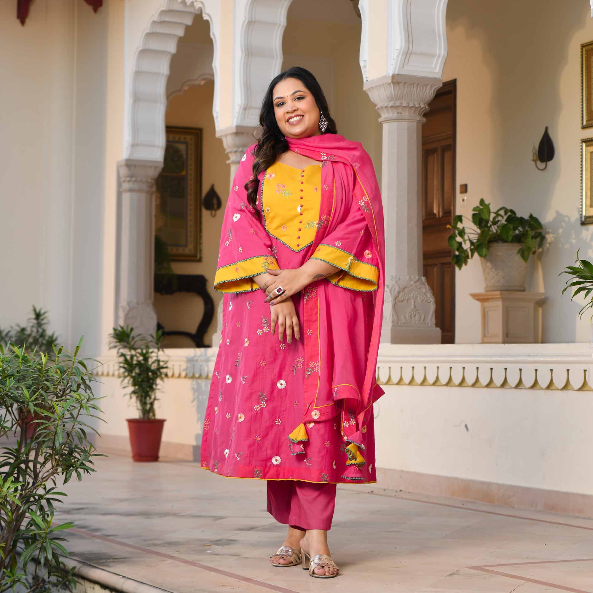 Kesar Thandai- Deep Pink Floral Thread Embroidery Mul Chanderi Suit Set