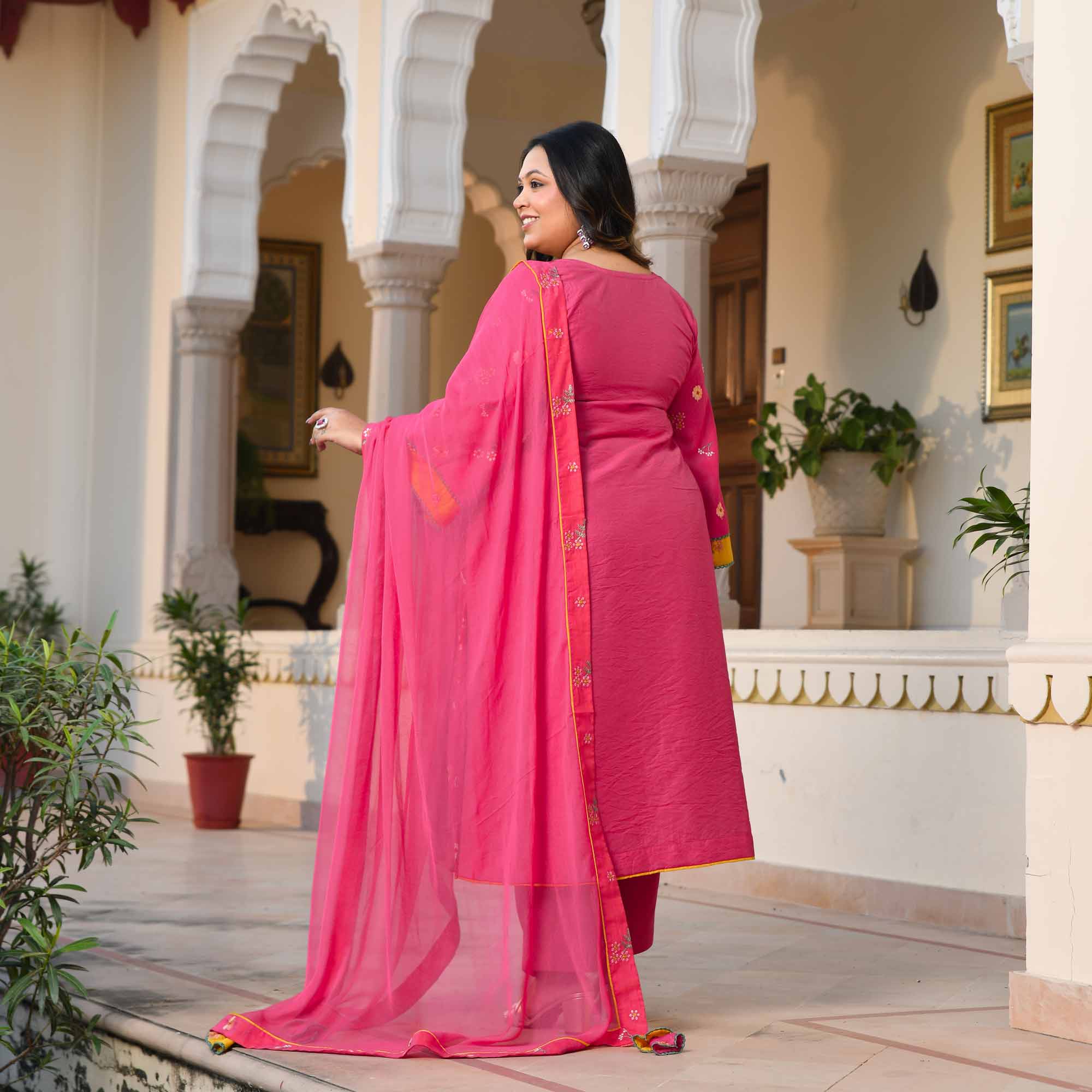 Kesar Thandai- Deep Pink Floral Thread Embroidery Mul Chanderi Suit Set