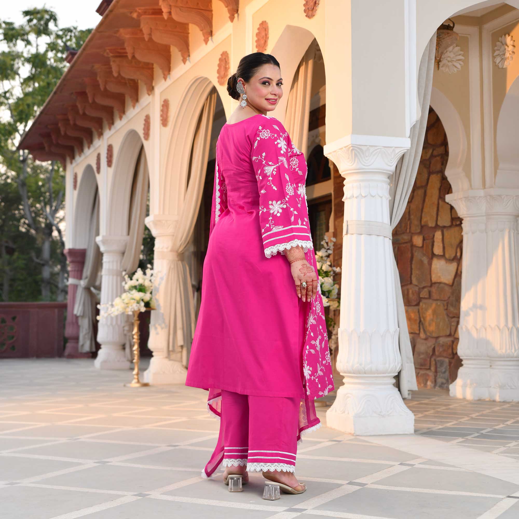 Bougainvillea Pink Thread Embroidered Pure Cotton Suit Set