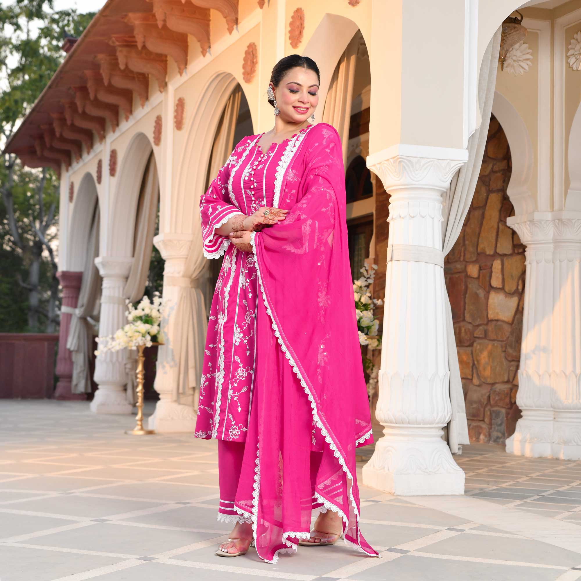 Bougainvillea Pink Thread Embroidered Pure Cotton Suit Set