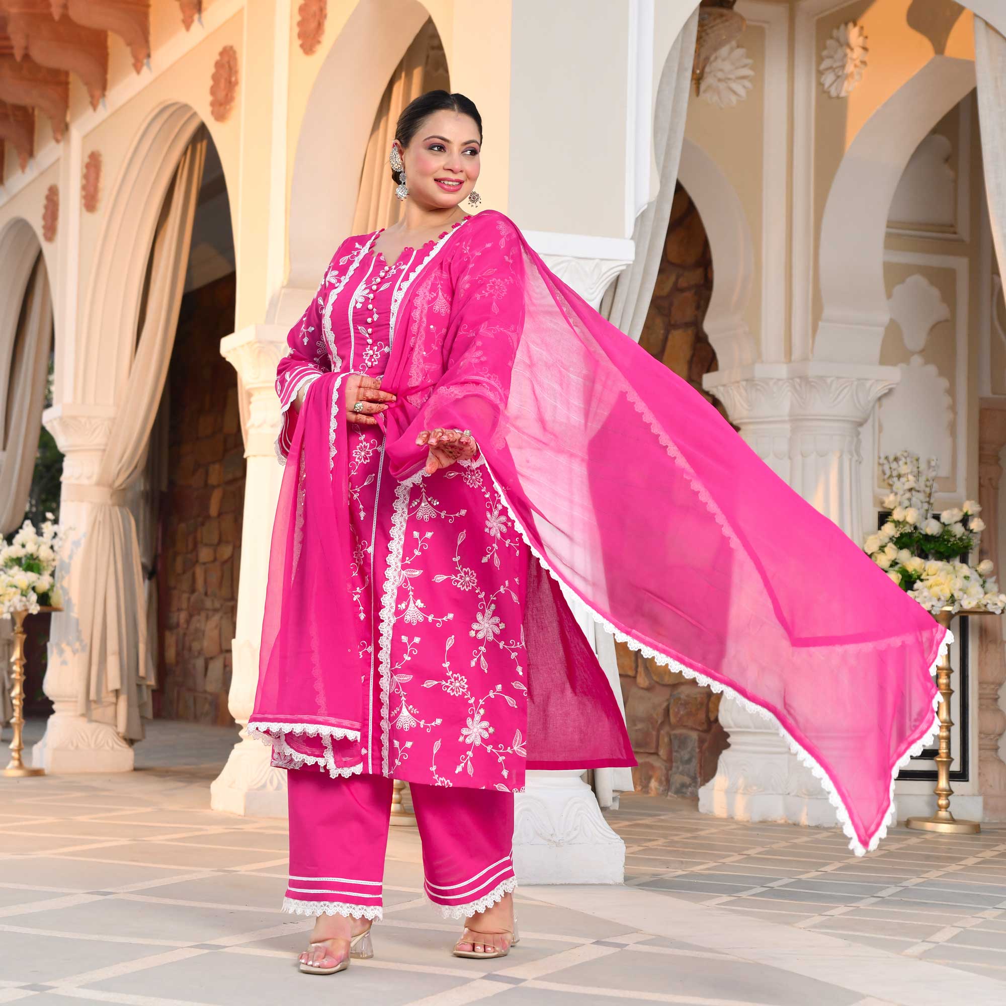 Bougainvillea Pink Thread Embroidered Pure Cotton Suit Set