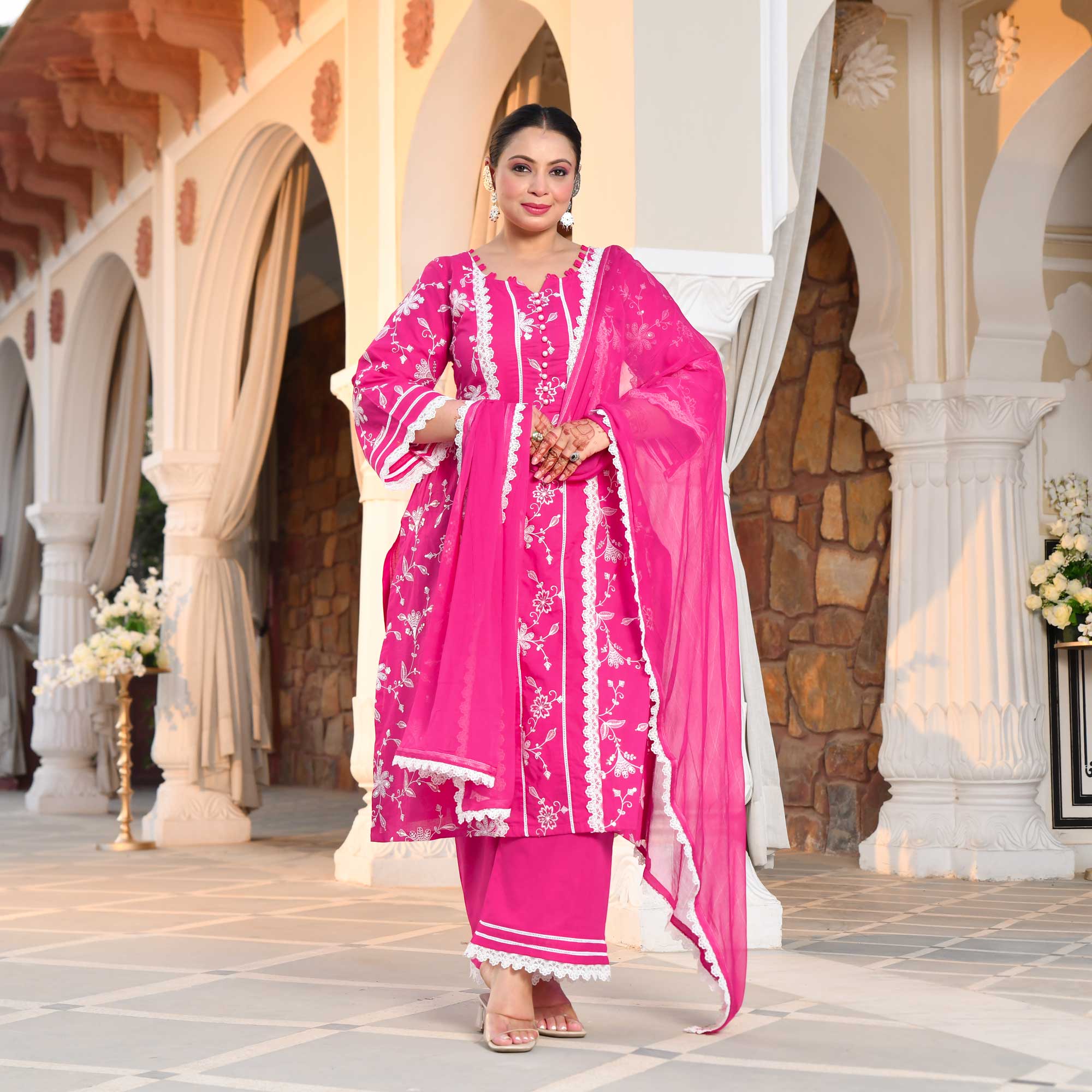 Bougainvillea Pink Thread Embroidered Pure Cotton Suit Set