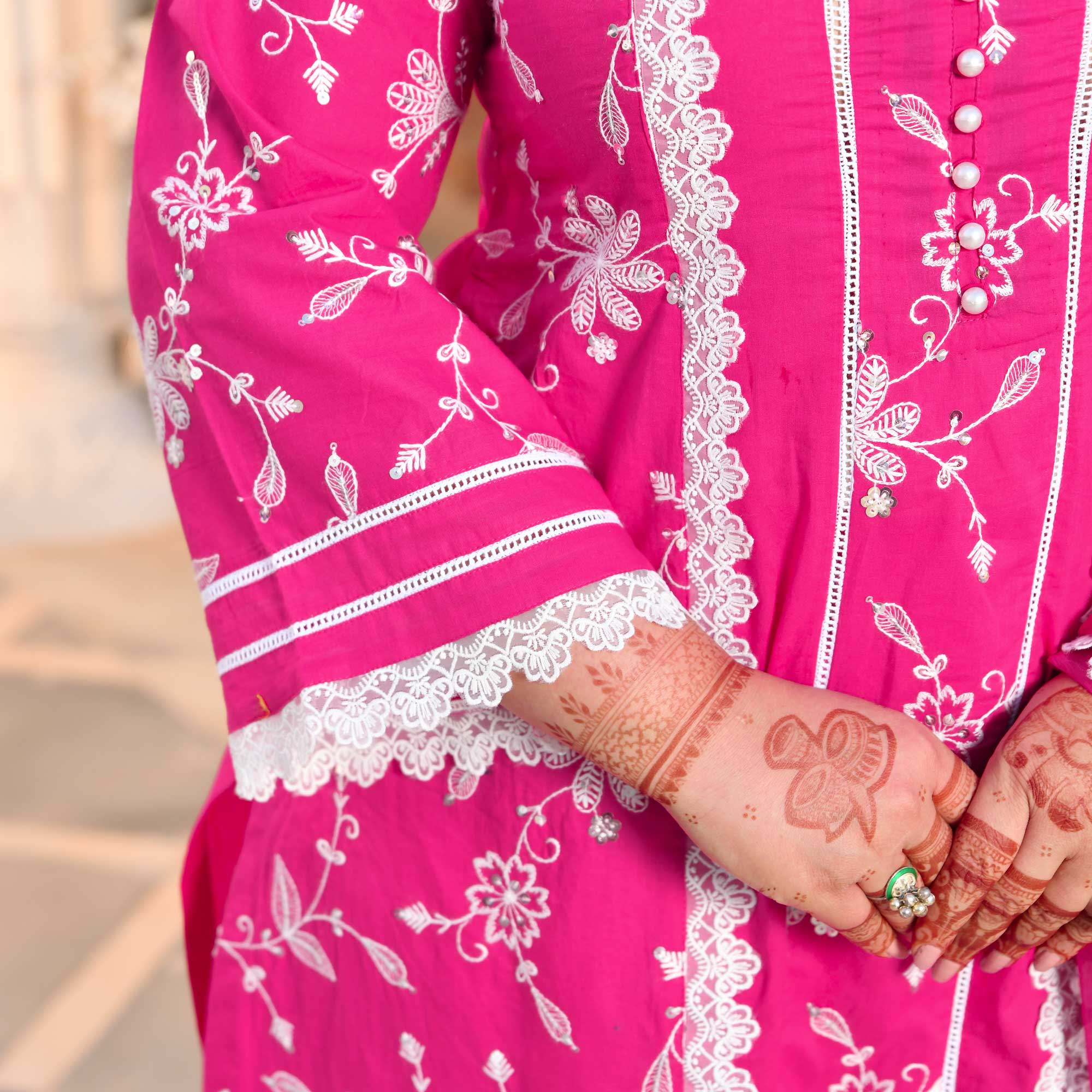Bougainvillea Pink Thread Embroidered Pure Cotton Suit Set