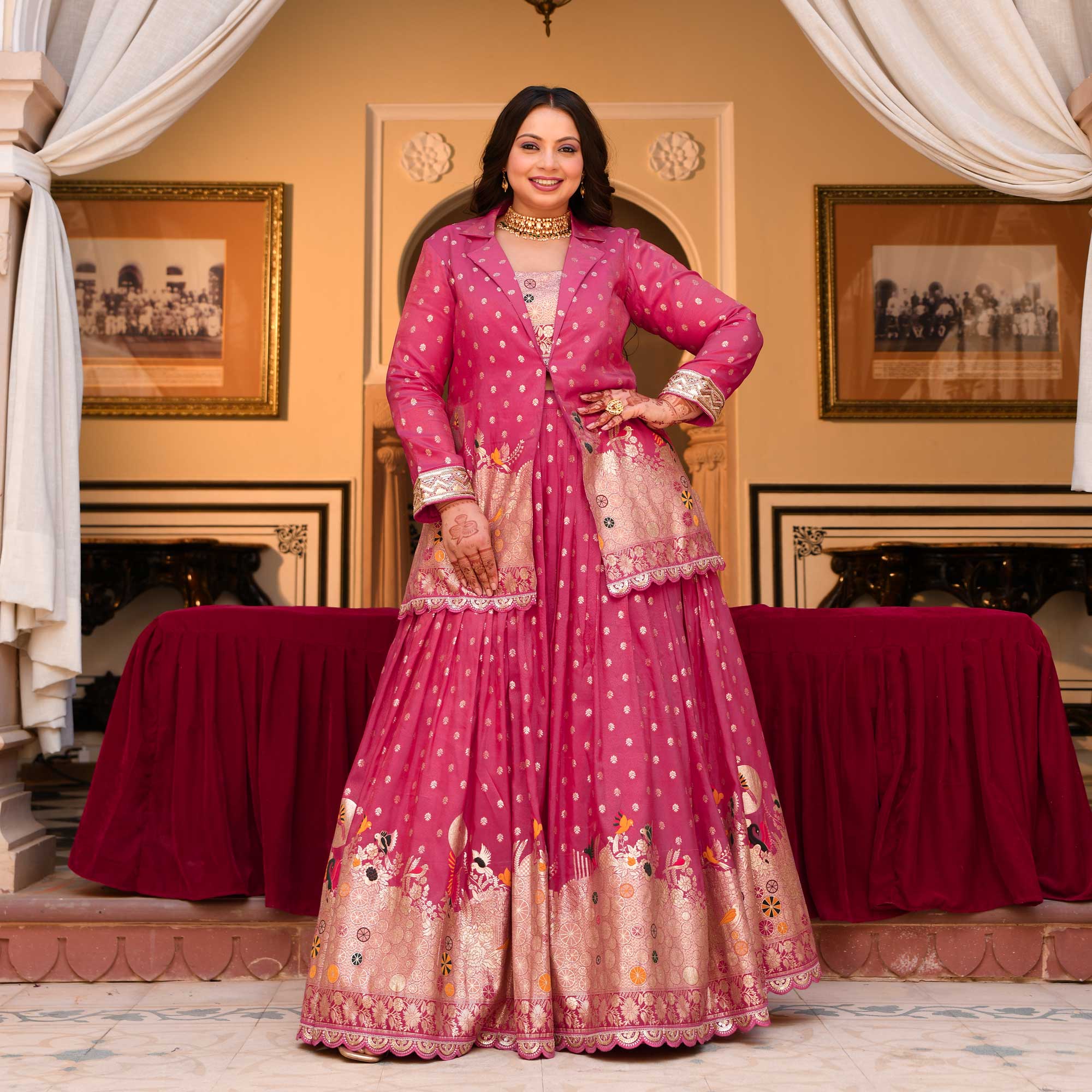 Veronica- Deep Pink Banarasi Silk Jacket Lehenga Set