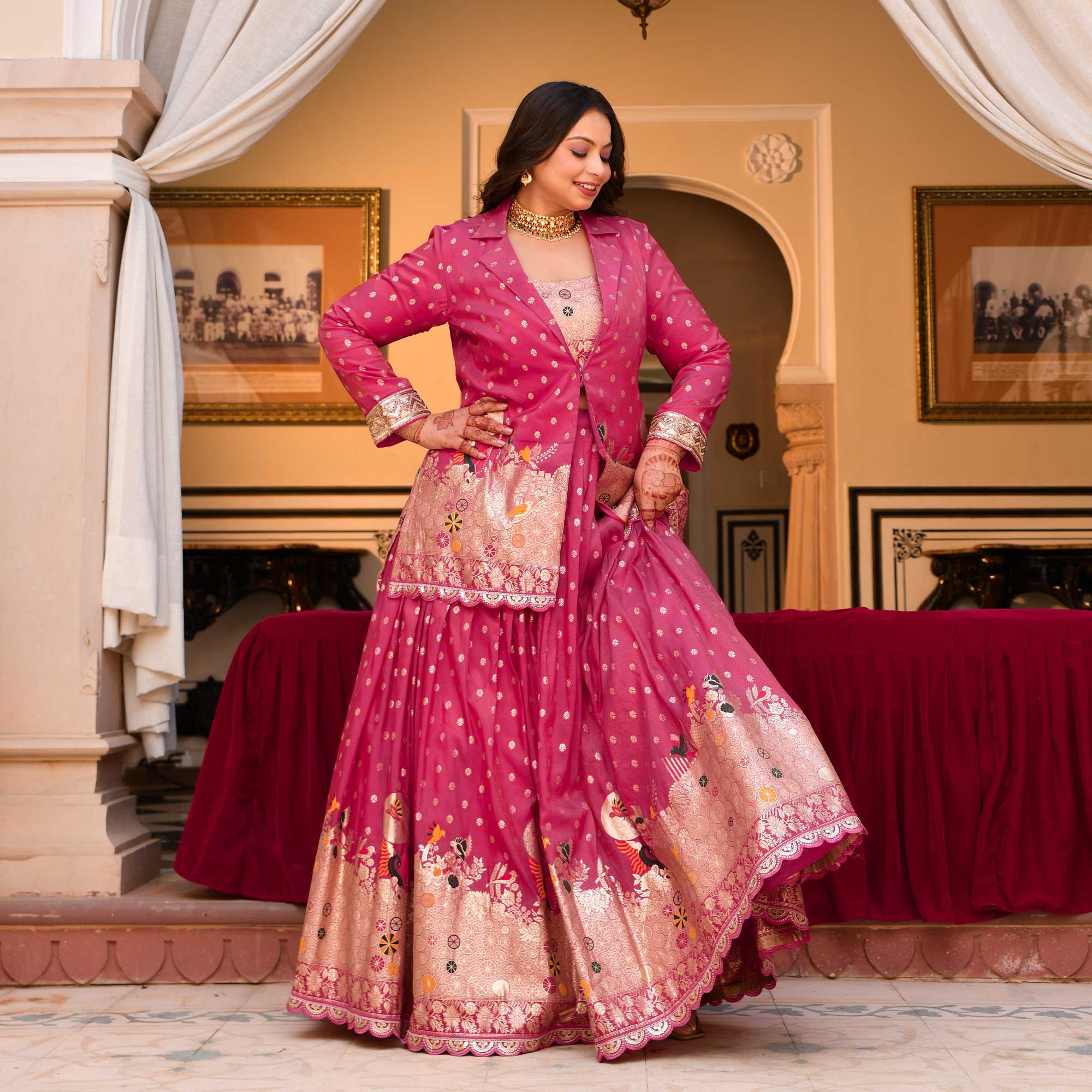 Veronica- Deep Pink Banarasi Silk Jacket Lehenga Set