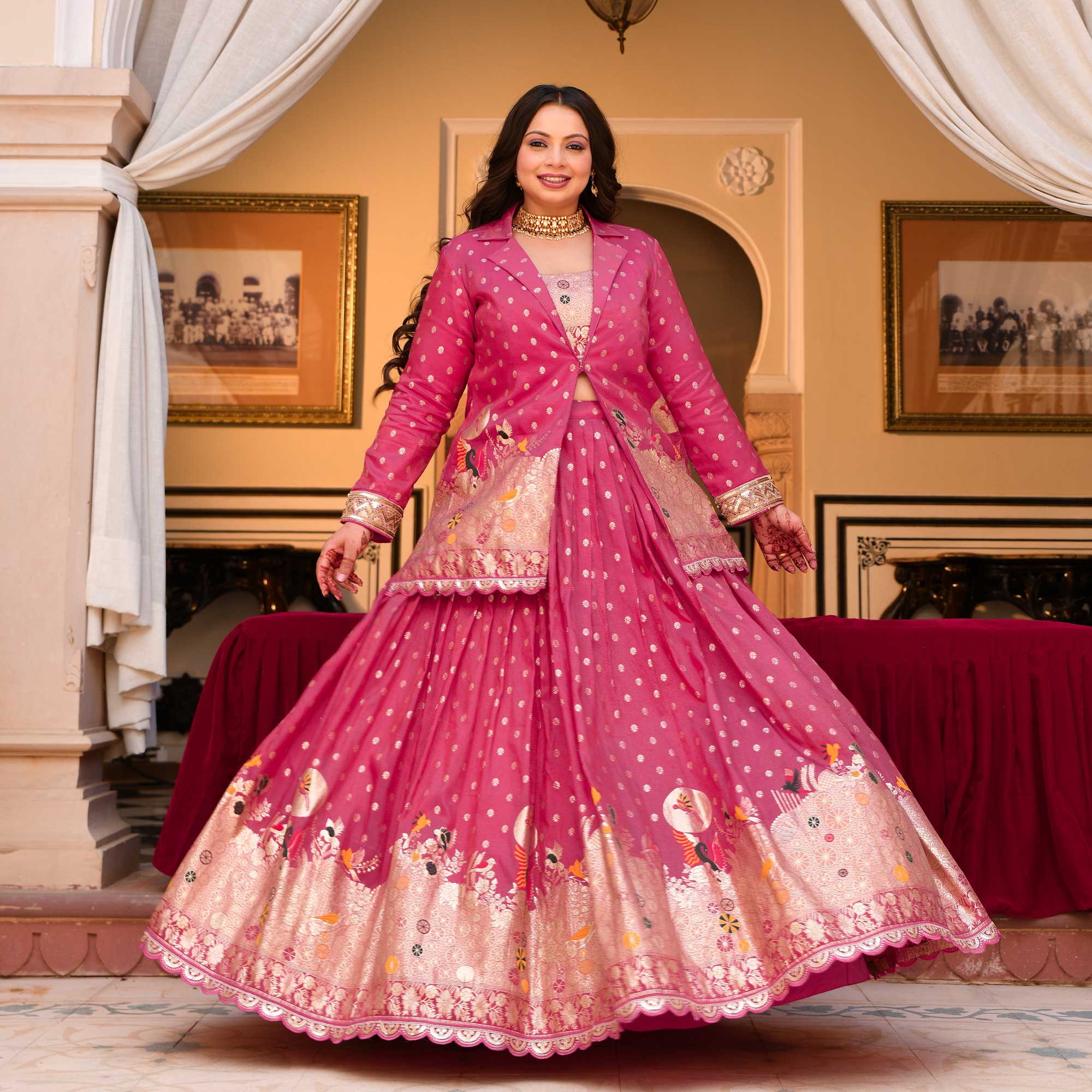 Veronica- Deep Pink Banarasi Silk Jacket Lehenga Set