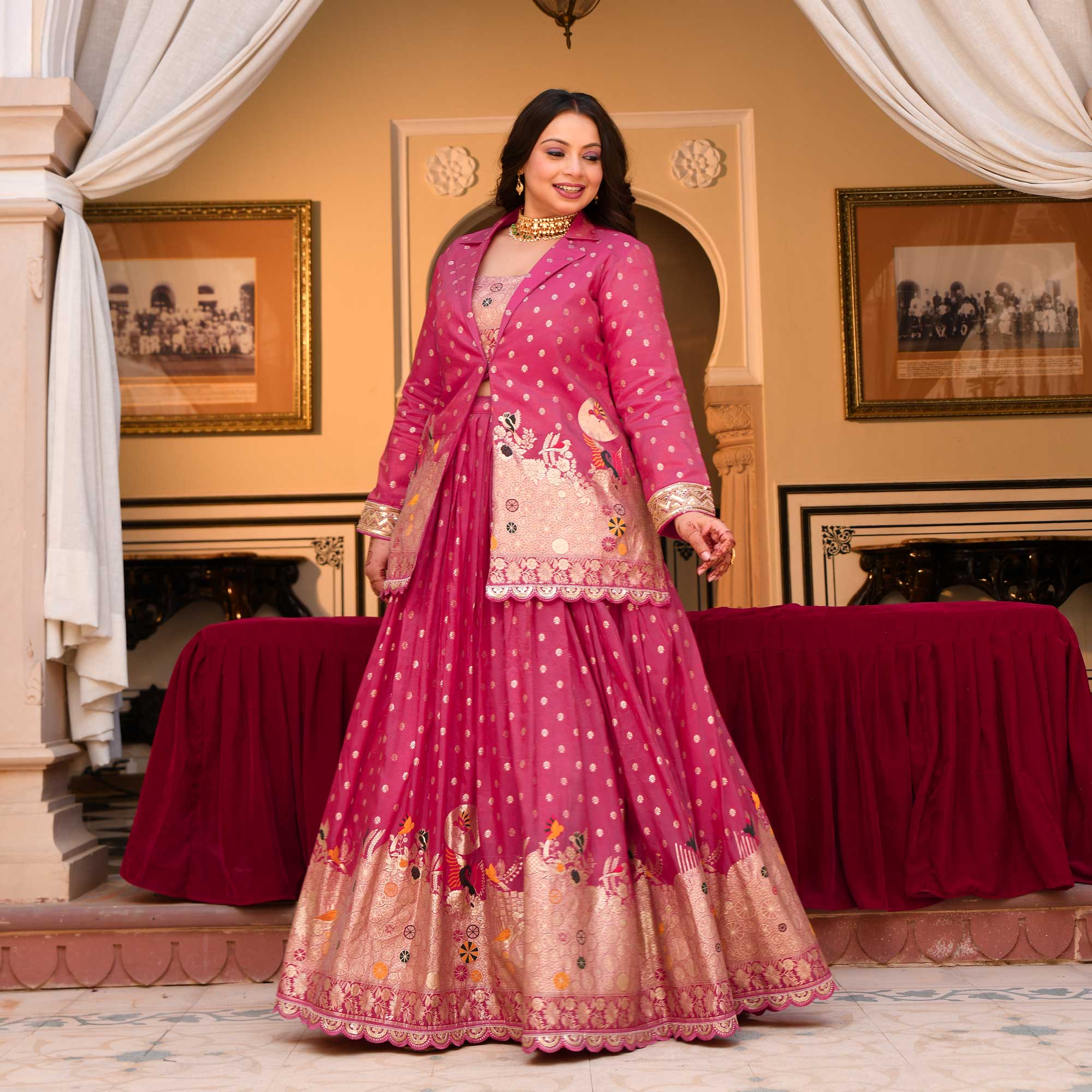 Veronica- Deep Pink Banarasi Silk Jacket Lehenga Set