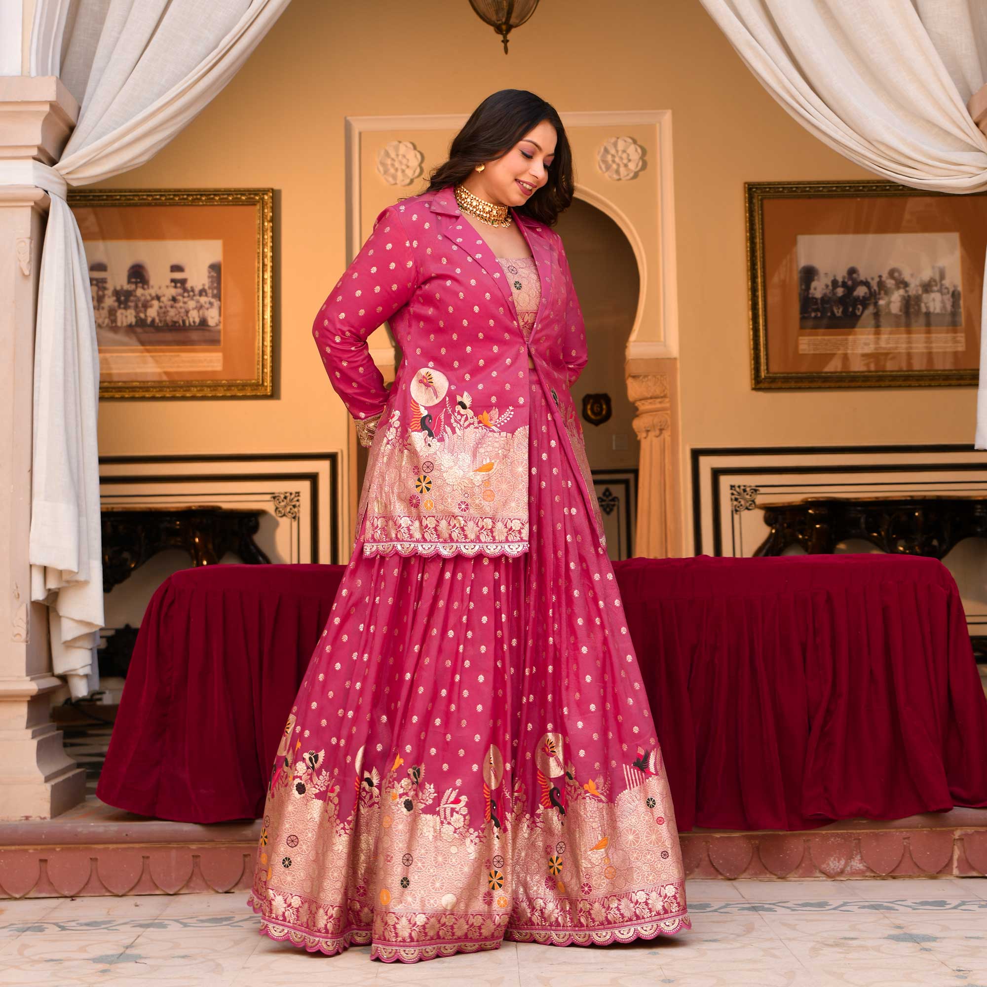 Veronica- Deep Pink Banarasi Silk Jacket Lehenga Set