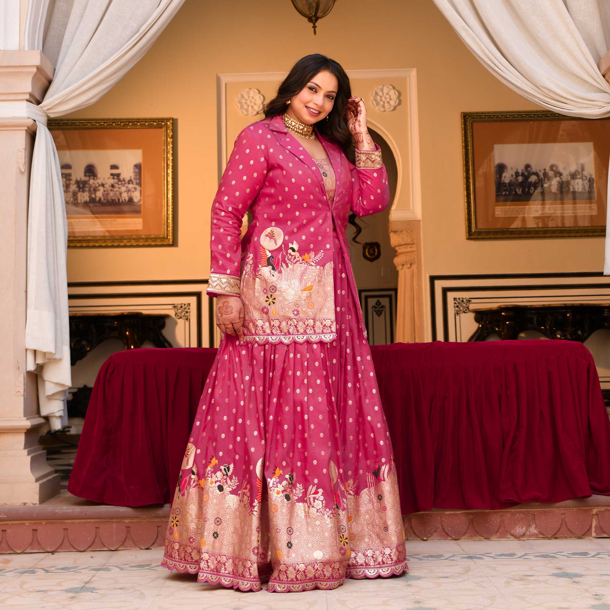 Veronica- Deep Pink Banarasi Silk Jacket Lehenga Set