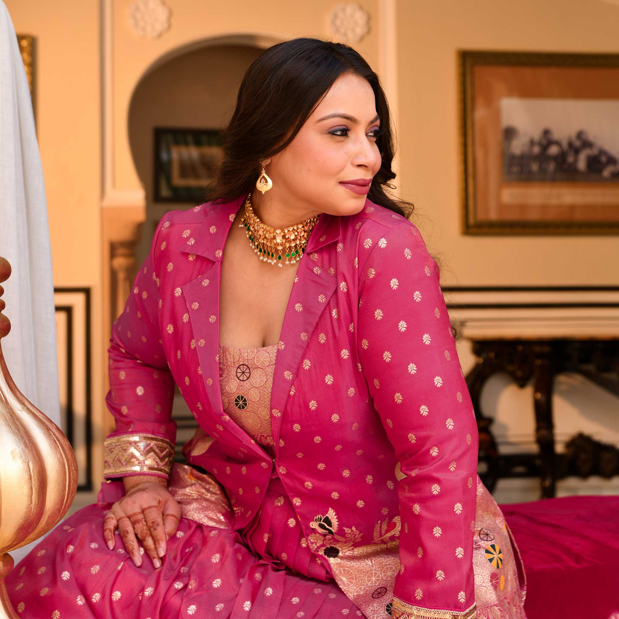 Veronica- Deep Pink Banarasi Silk Jacket Lehenga Set