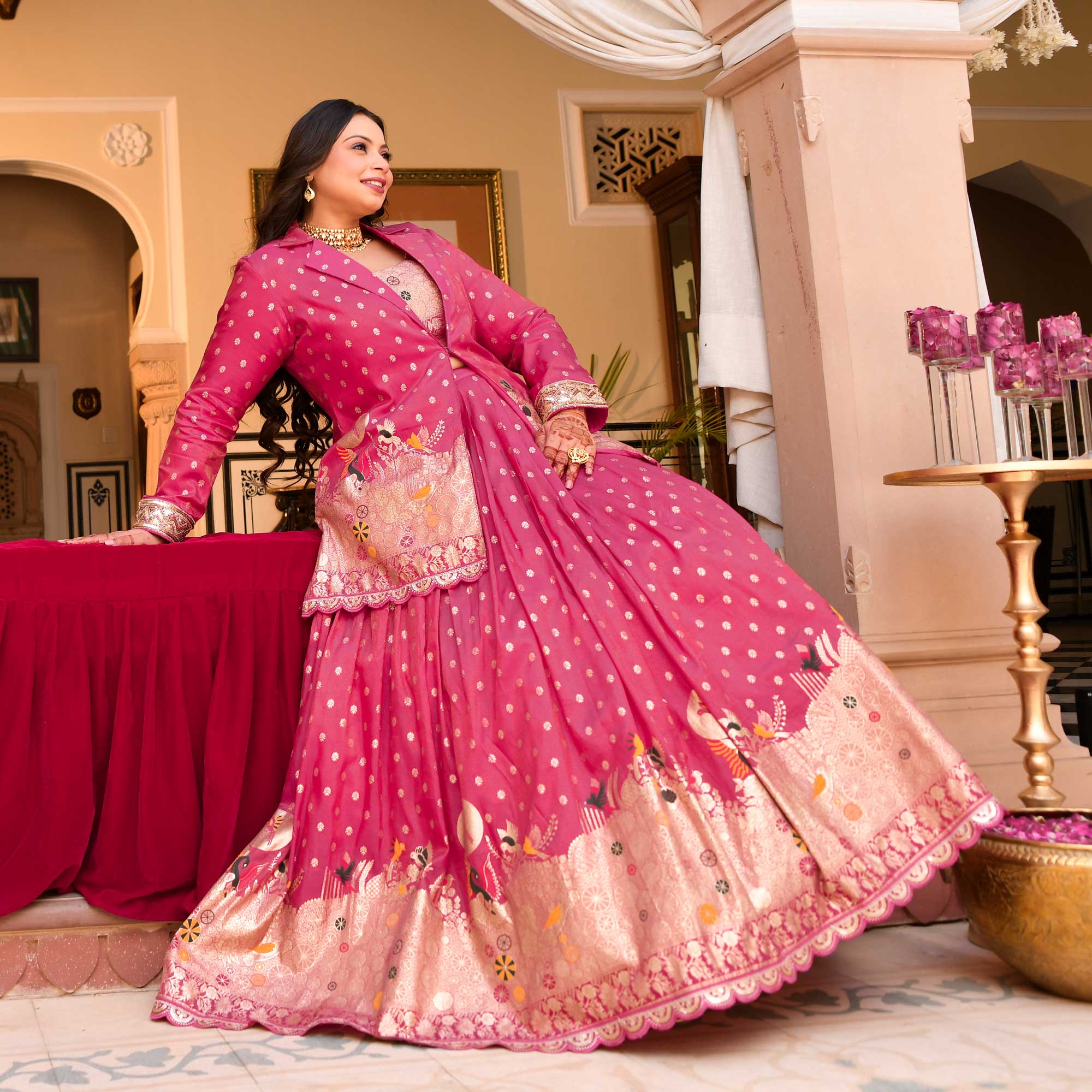 Veronica- Deep Pink Banarasi Silk Jacket Lehenga Set