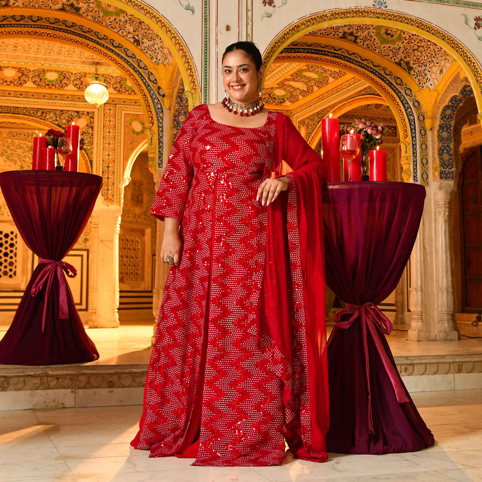 Salsa- Red Sequin embroidered Attached Cape Dress Salsa- Red Sequin embroidered Attached Cape Dress