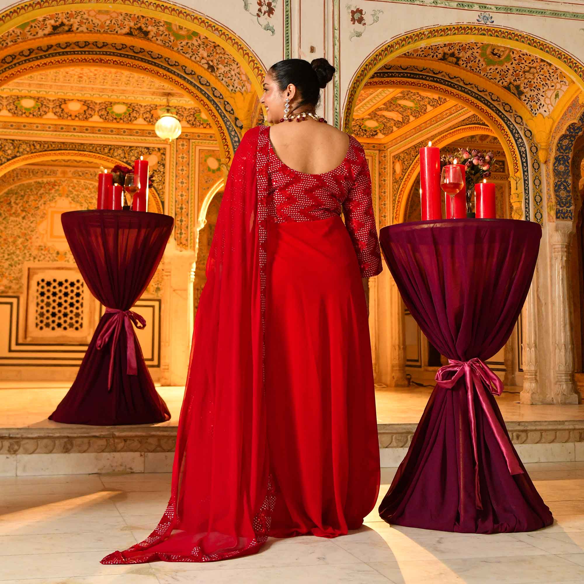 Salsa- Red Sequin embroidered Attached Cape Dress