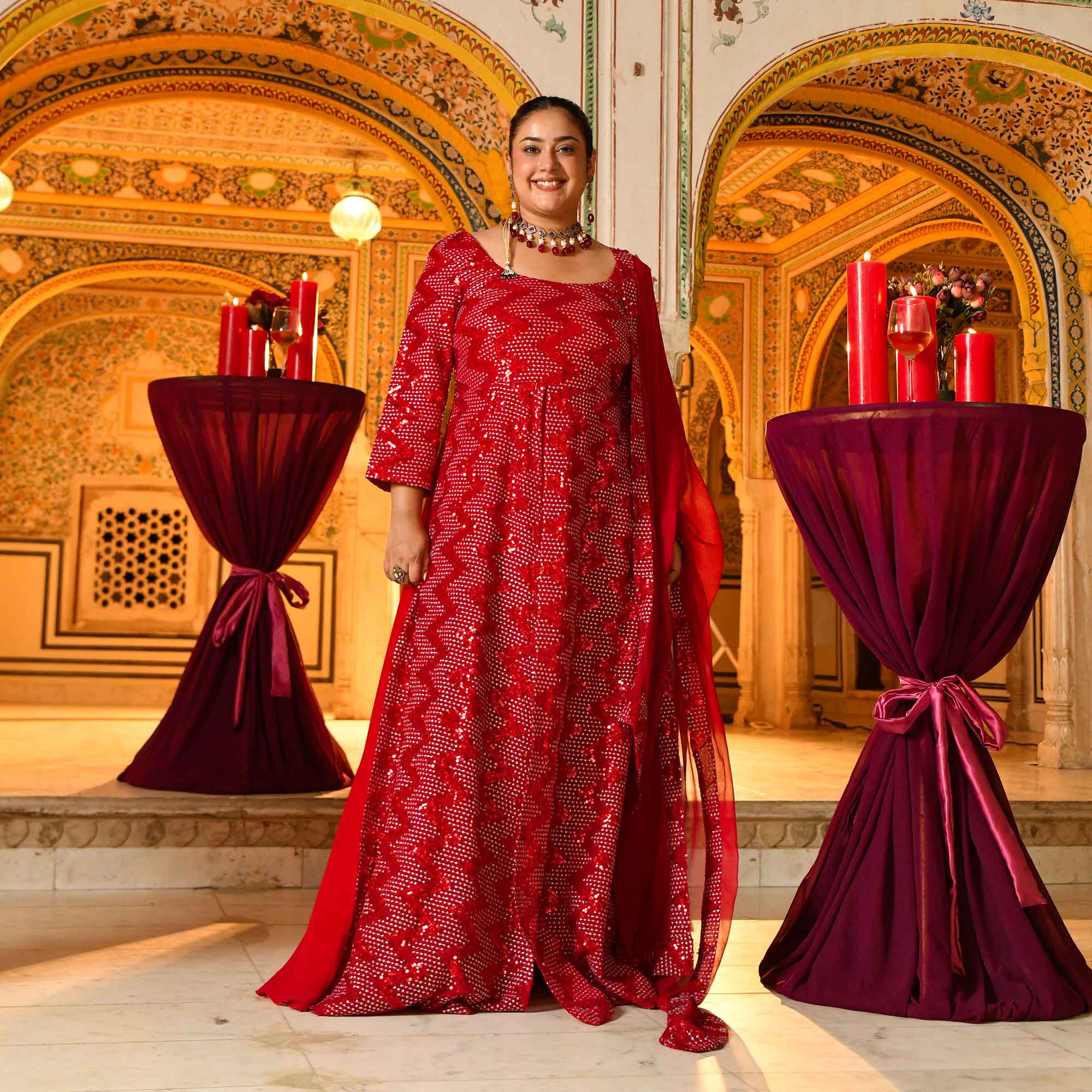 Salsa- Red Sequin embroidered Attached Cape Dress