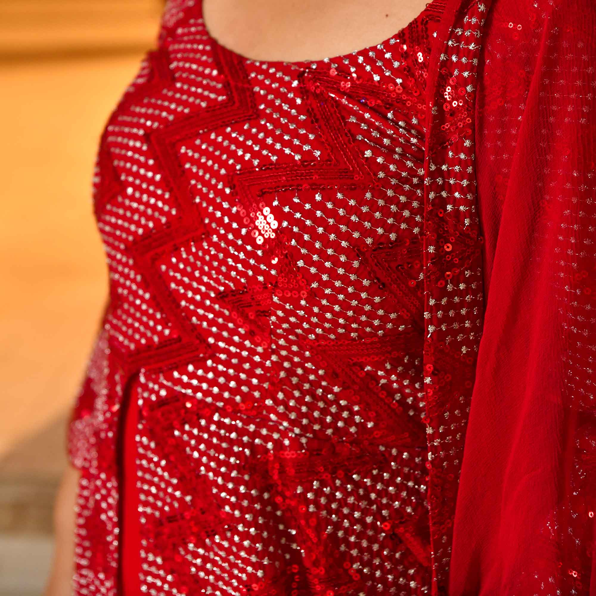 Salsa- Red Sequin embroidered Attached Cape Dress