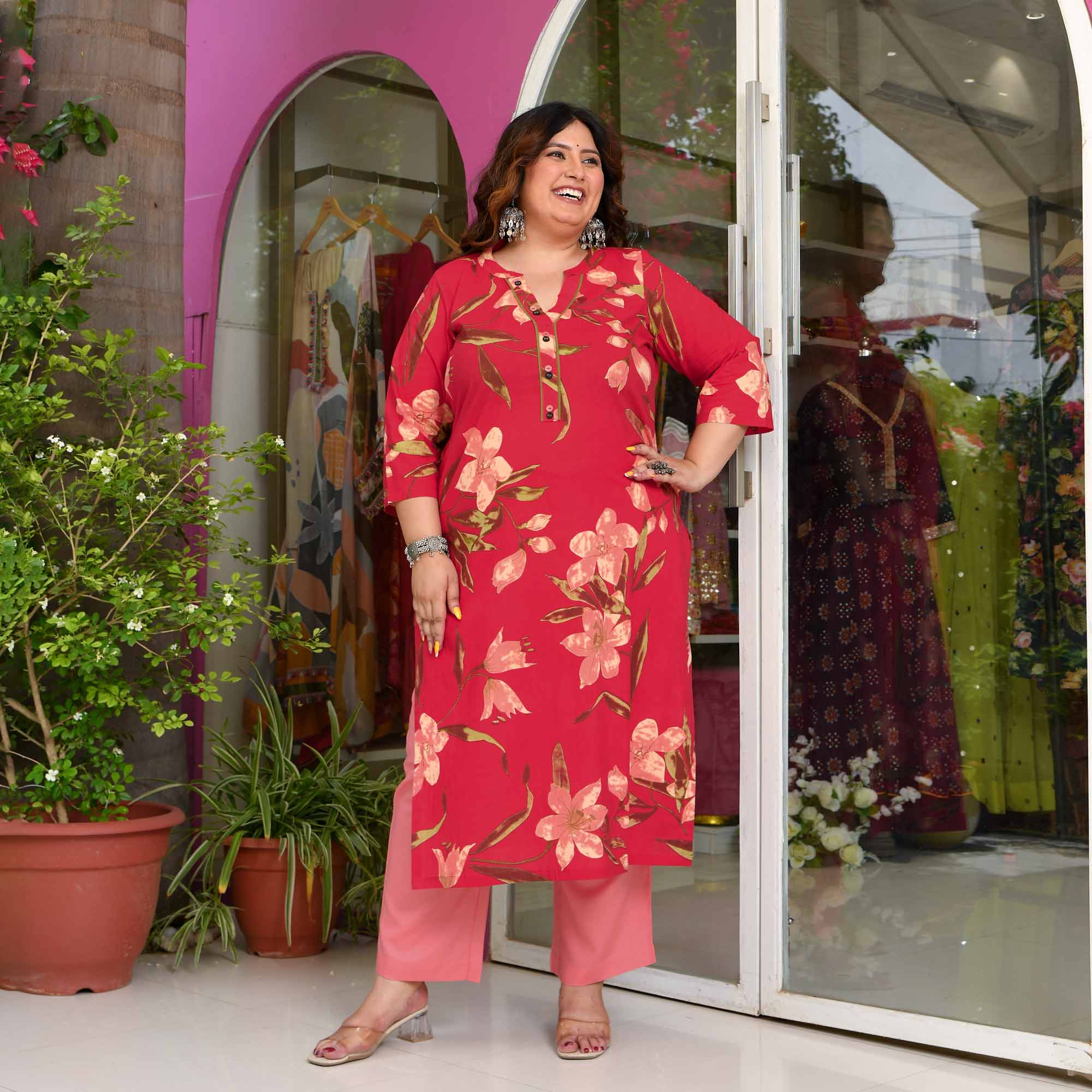 Champa- Red Peach Floral Printed Pure Cotton Kurta