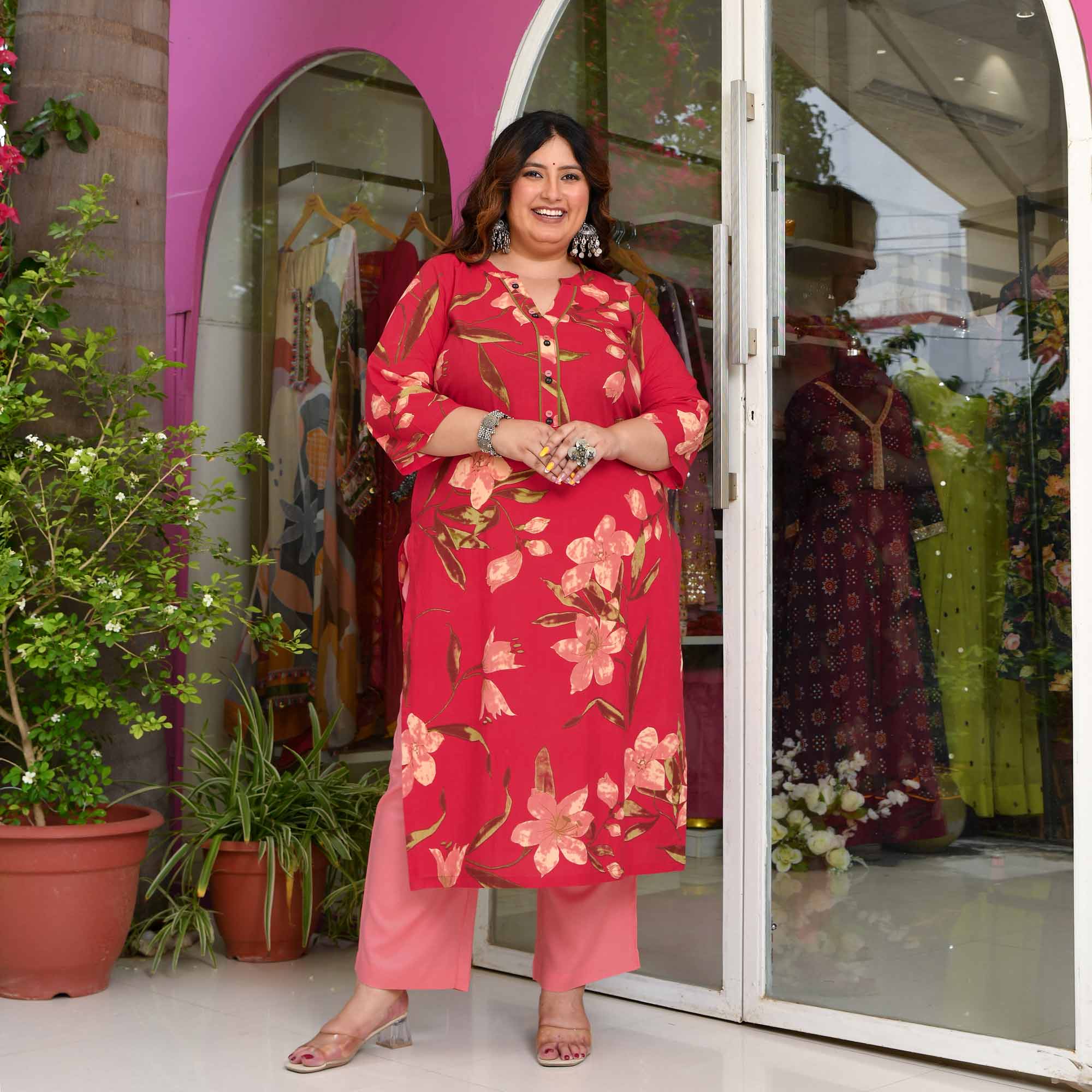 Champa- Red Peach Floral Printed Pure Cotton Kurta