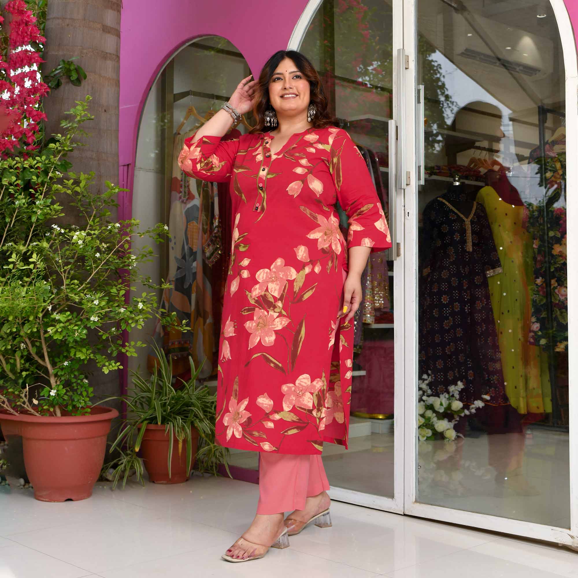 Champa- Red Peach Floral Printed Pure Cotton Kurta