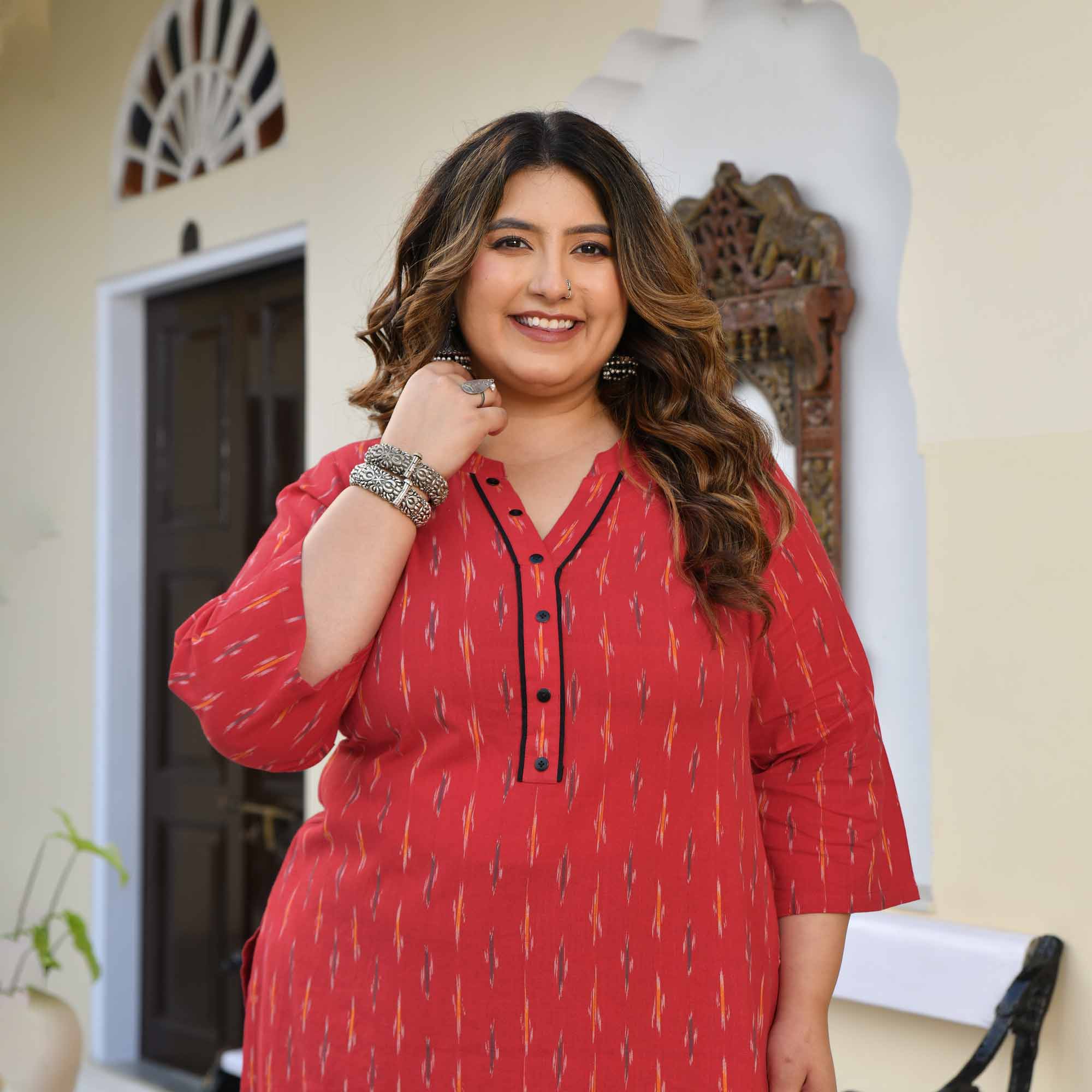 Shree- Red Ikat Handwoven Organic Cotton Kurta