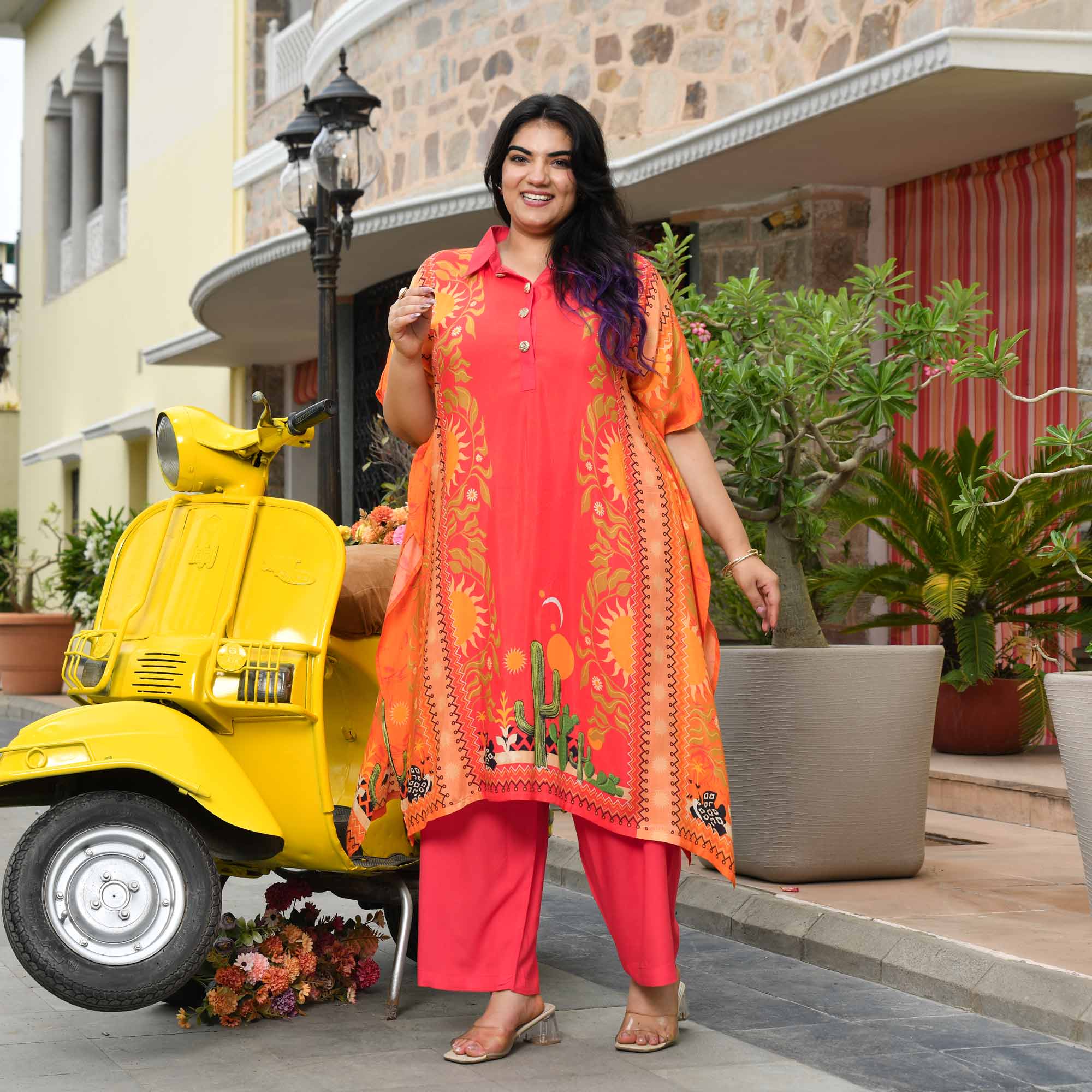 Charmie- Tangerine & Carrot Pure Muslin Kaftan Co-ord Set