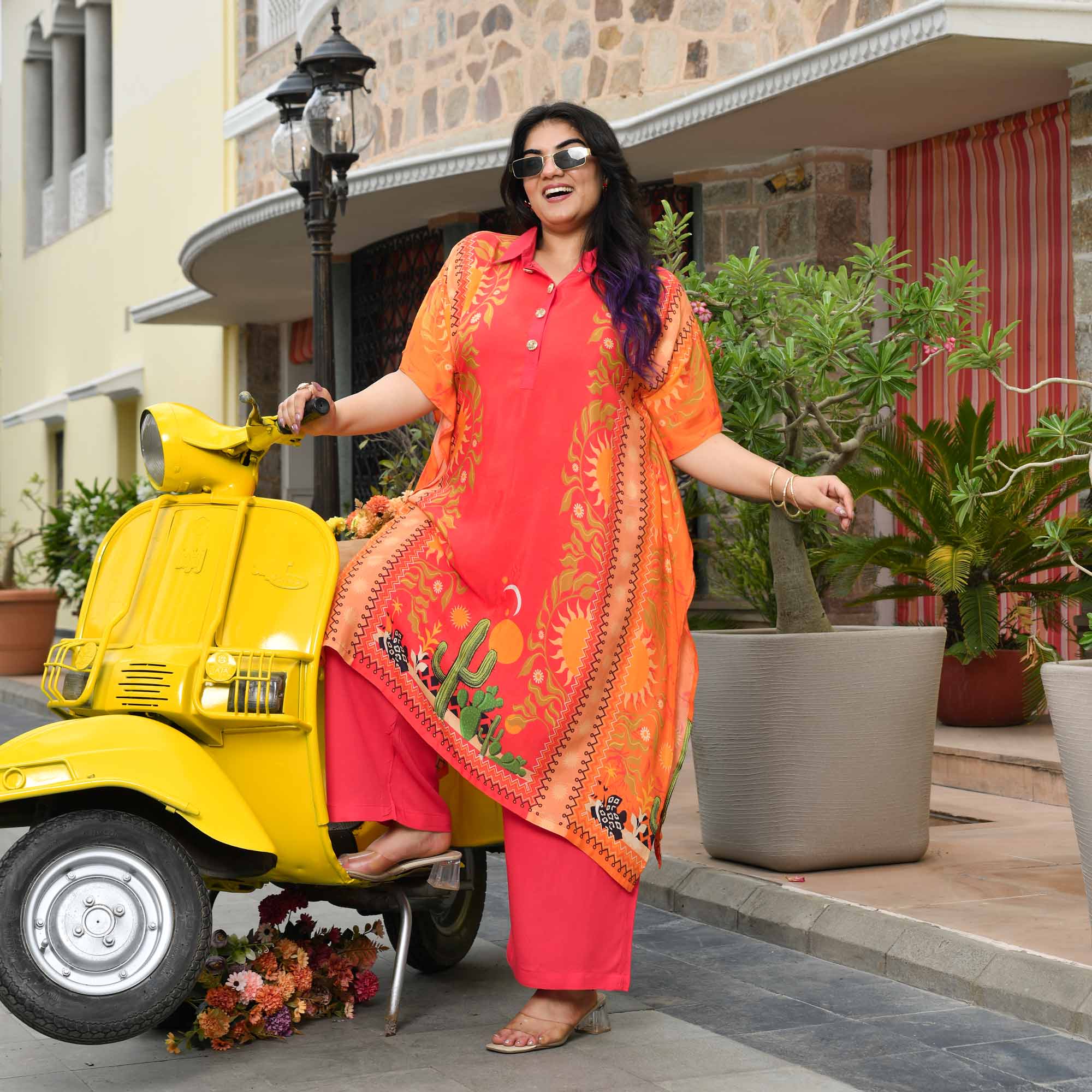 Charmie- Tangerine & Carrot Pure Muslin Kaftan Co-ord Set