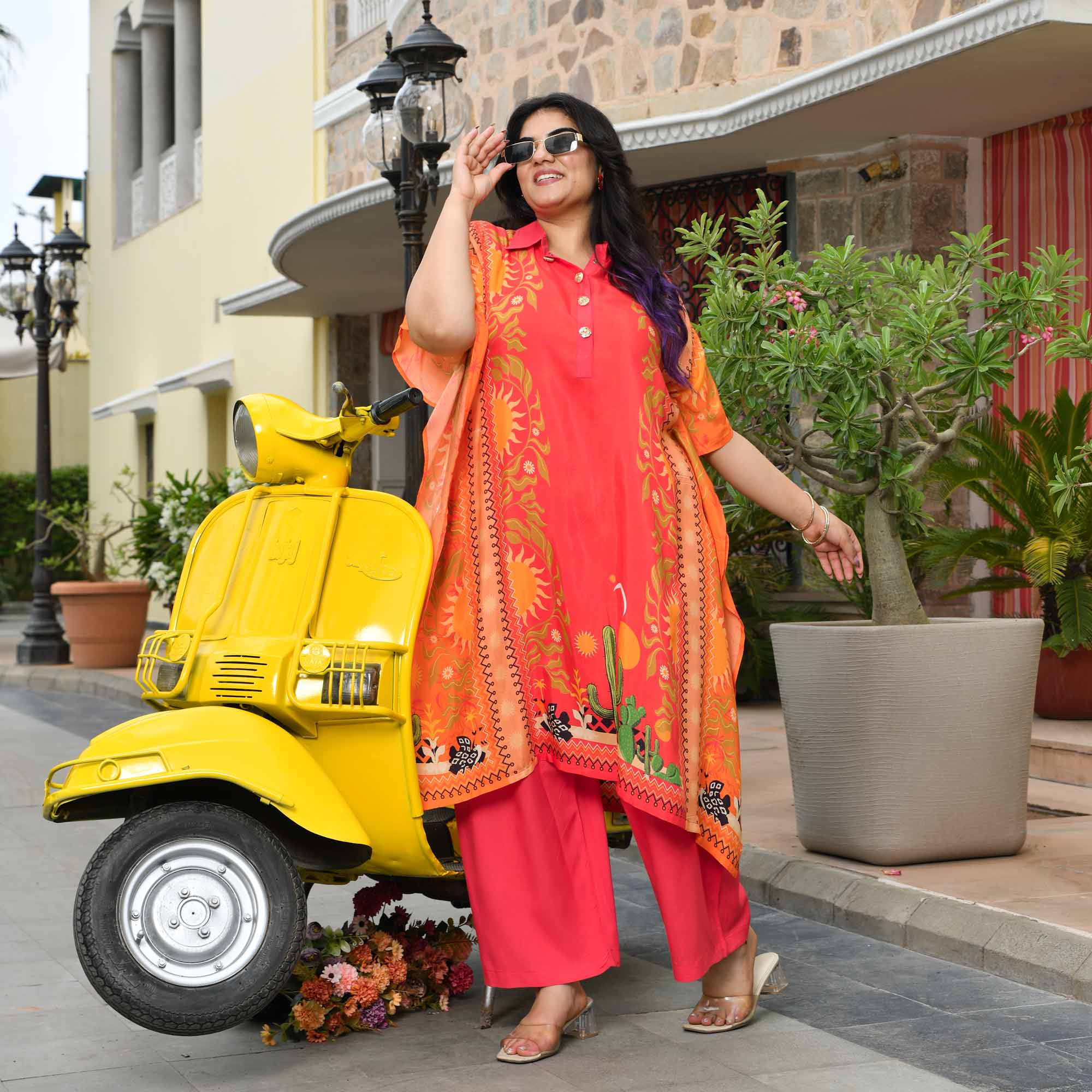 Charmie- Tangerine & Carrot Pure Muslin Kaftan Co-ord Set