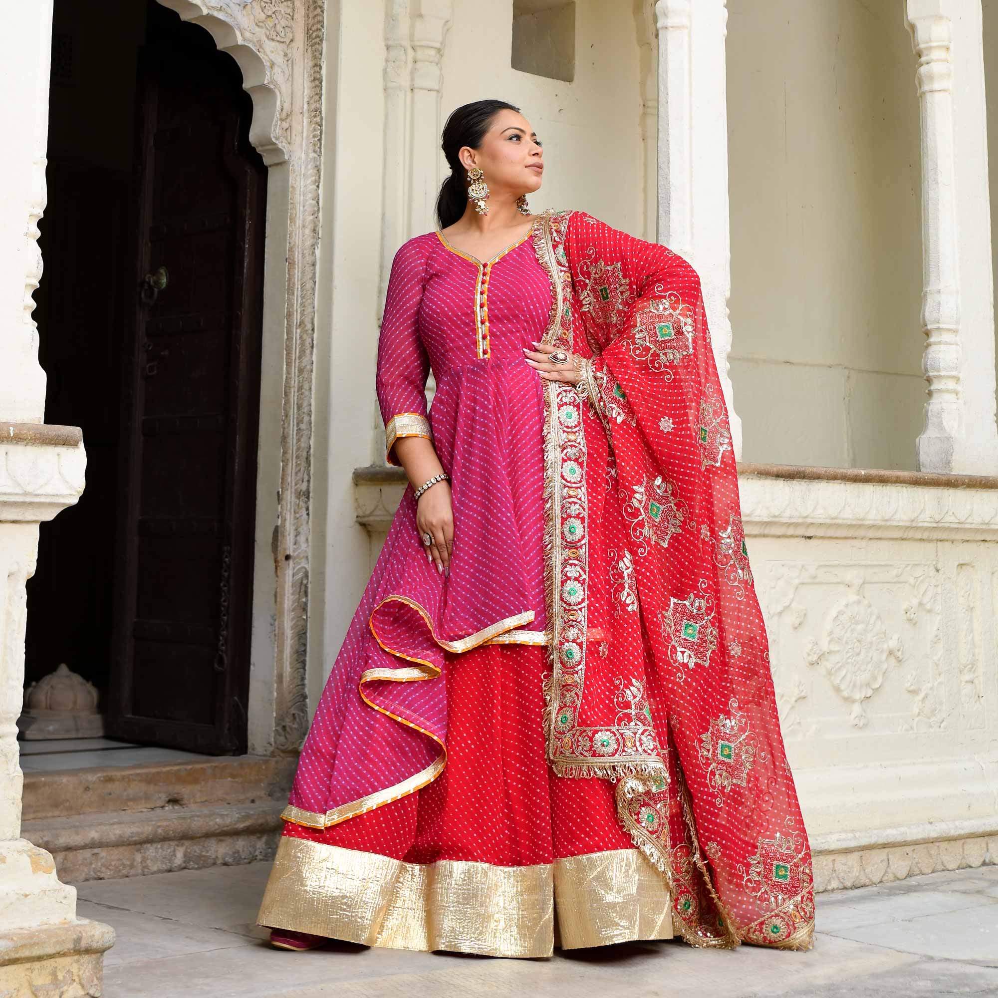 Mehfil Ki Rani- Pink & Red Mothra Embroidered Assymetrical Lehenga Set
