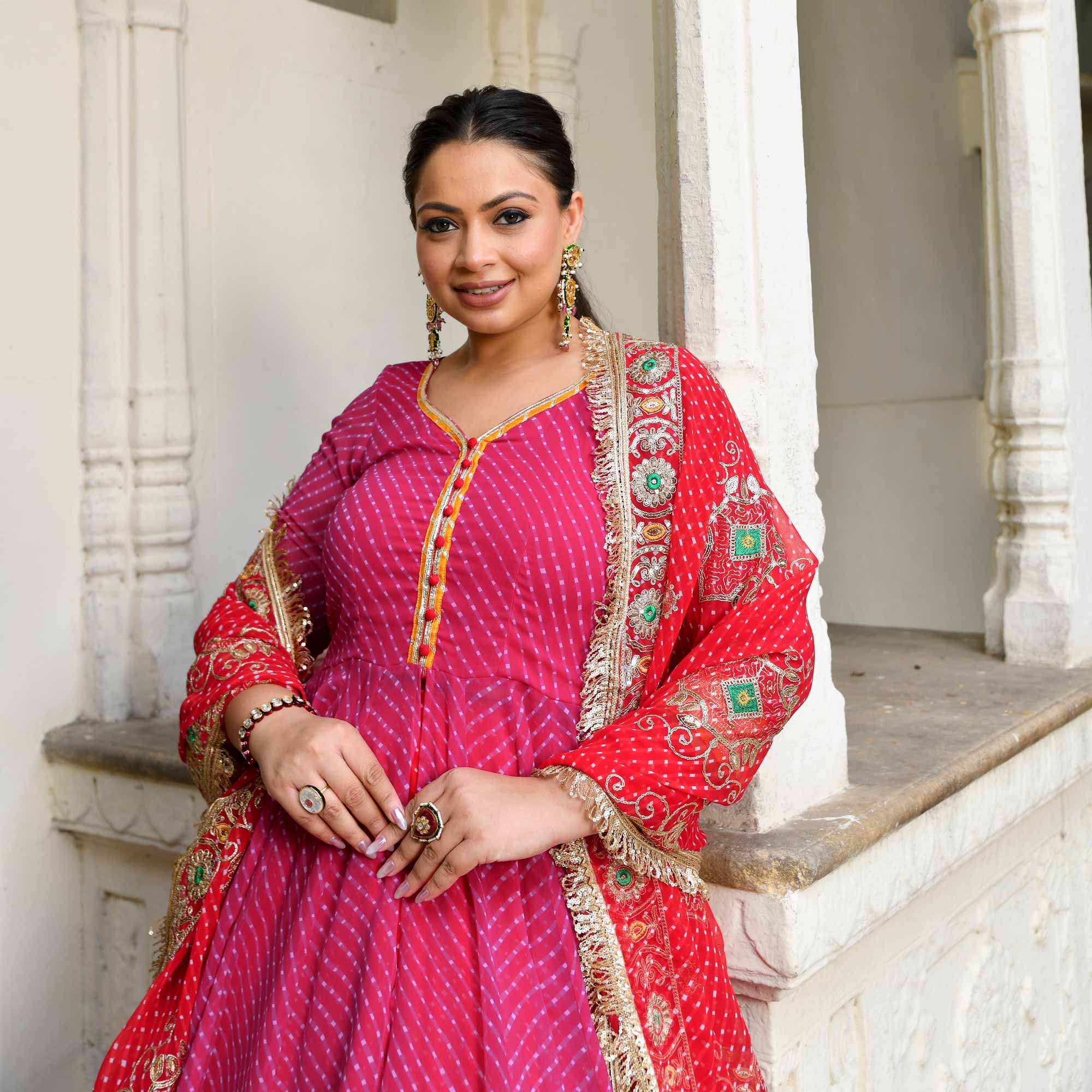 Mehfil Ki Rani- Pink & Red Mothra Embroidered Assymetrical Lehenga Set