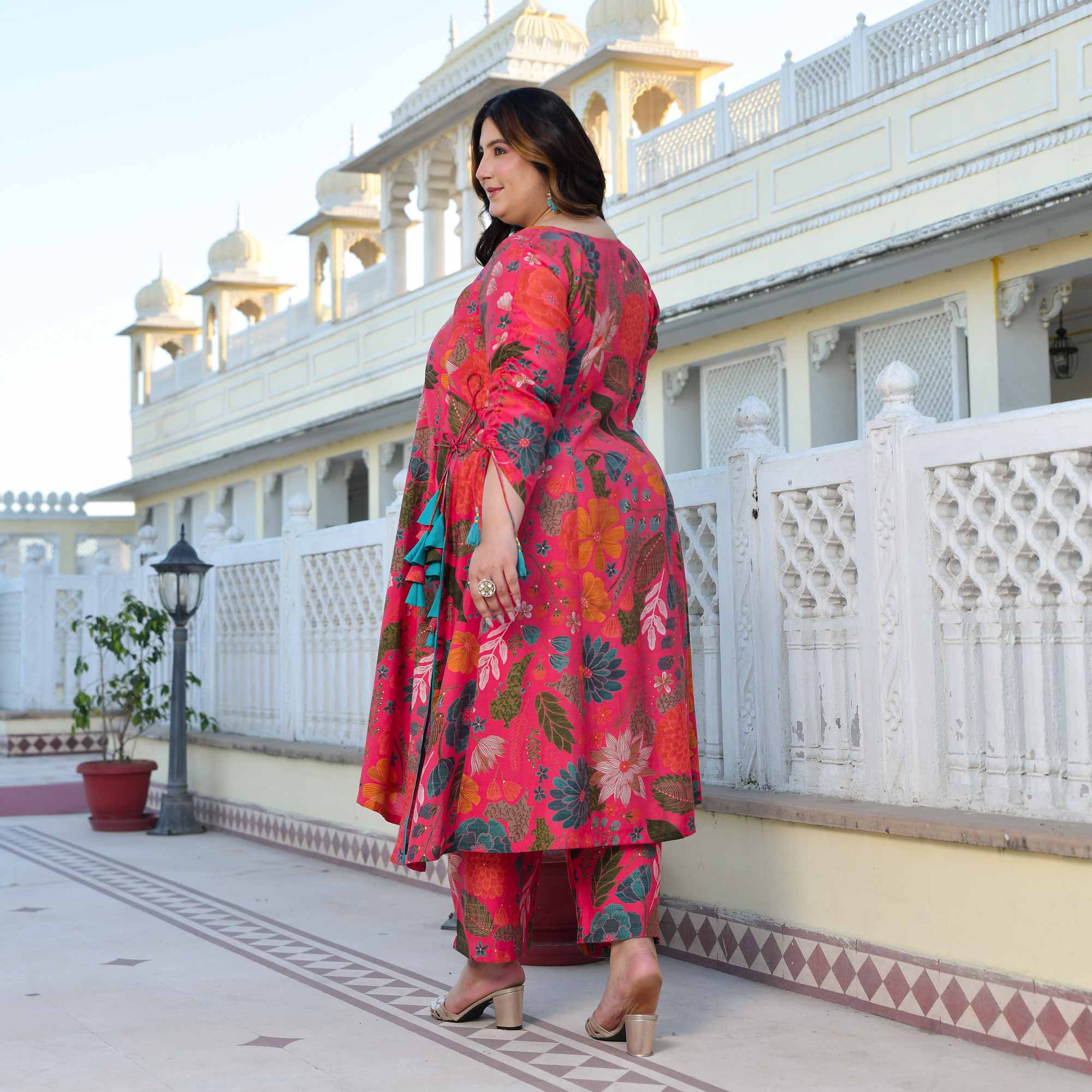 Zinnia- Raspberry Pink Floral Modal Viscose Blend Aline Slit Kurta Pant Set