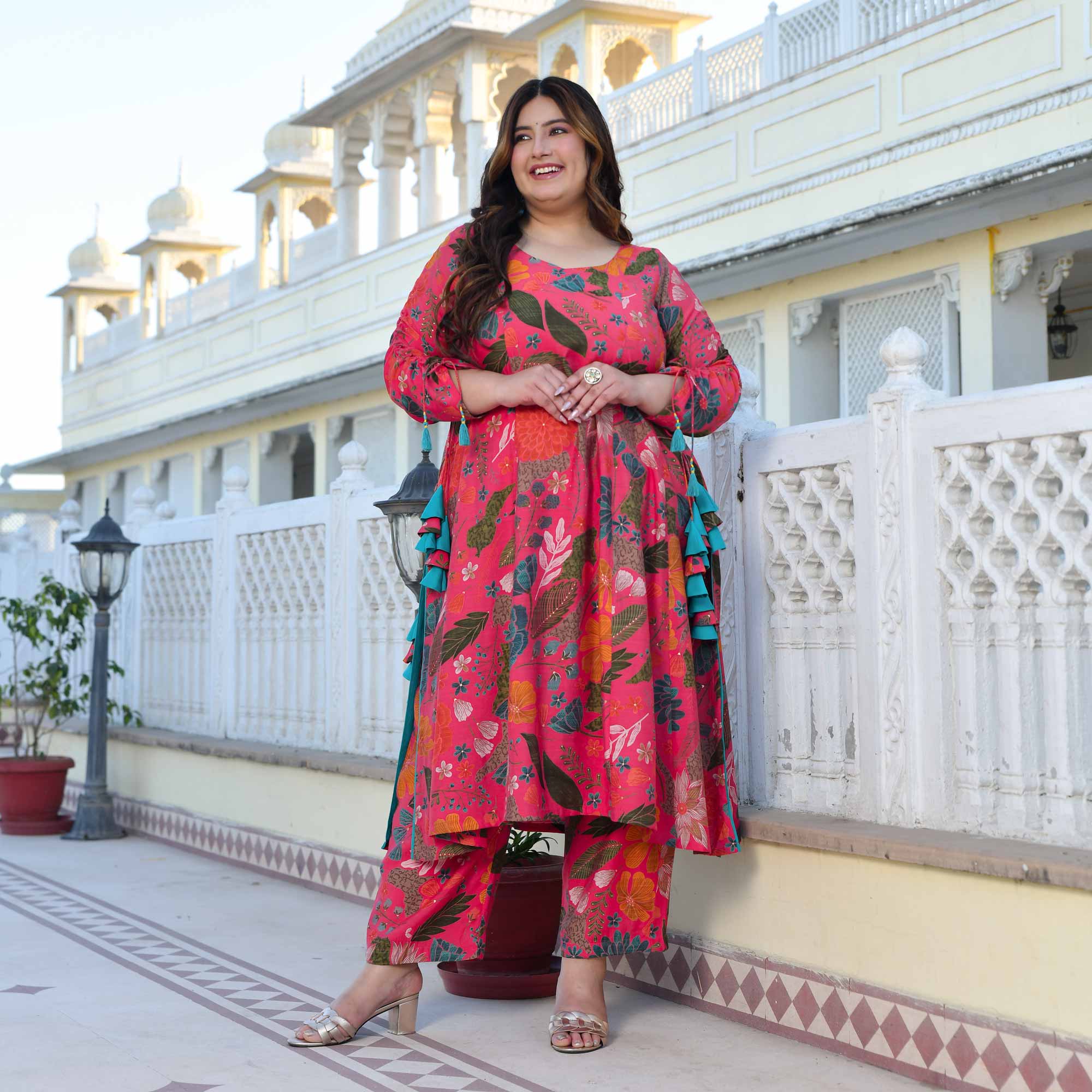 Zinnia- Raspberry Pink Floral Modal Viscose Blend Aline Slit Kurta Pant Set