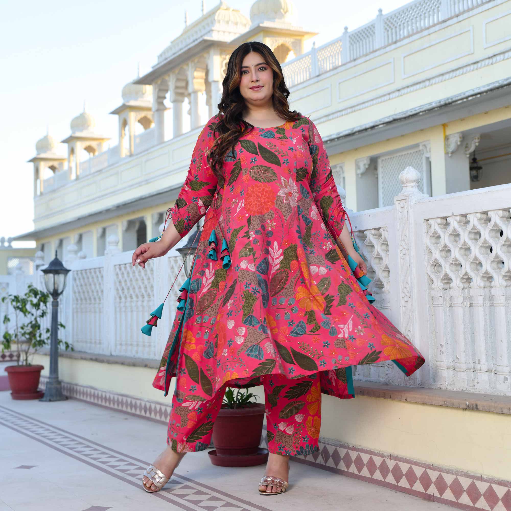 Zinnia- Raspberry Pink Floral Modal Viscose Blend Aline Slit Kurta Pant Set