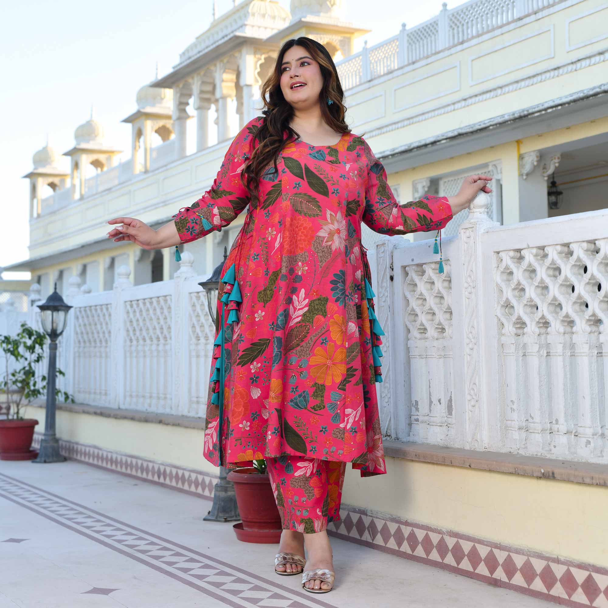 Zinnia- Raspberry Pink Floral Modal Viscose Blend Aline Slit Kurta Pant Set