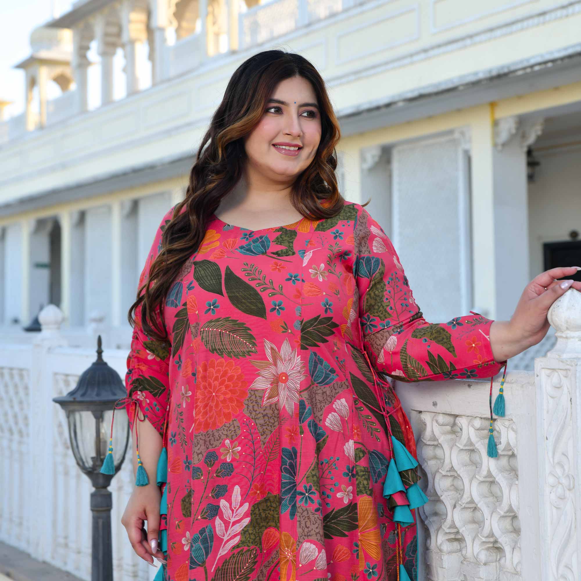 Zinnia- Raspberry Pink Floral Modal Viscose Blend Aline Slit Kurta Pant Set