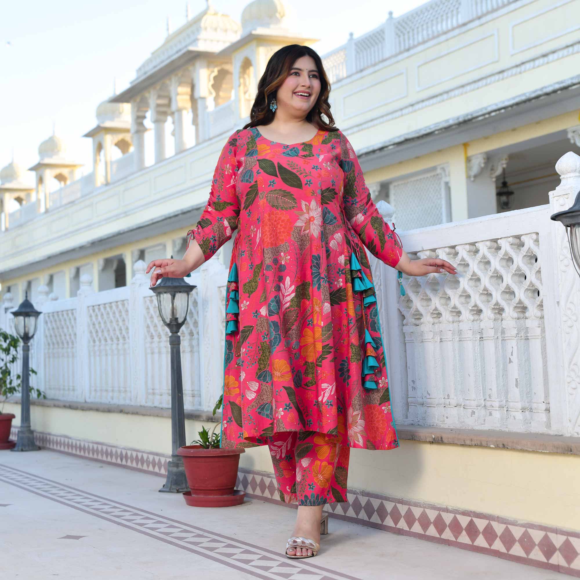 Zinnia- Raspberry Pink Floral Modal Viscose Blend Aline Slit Kurta Pant Set