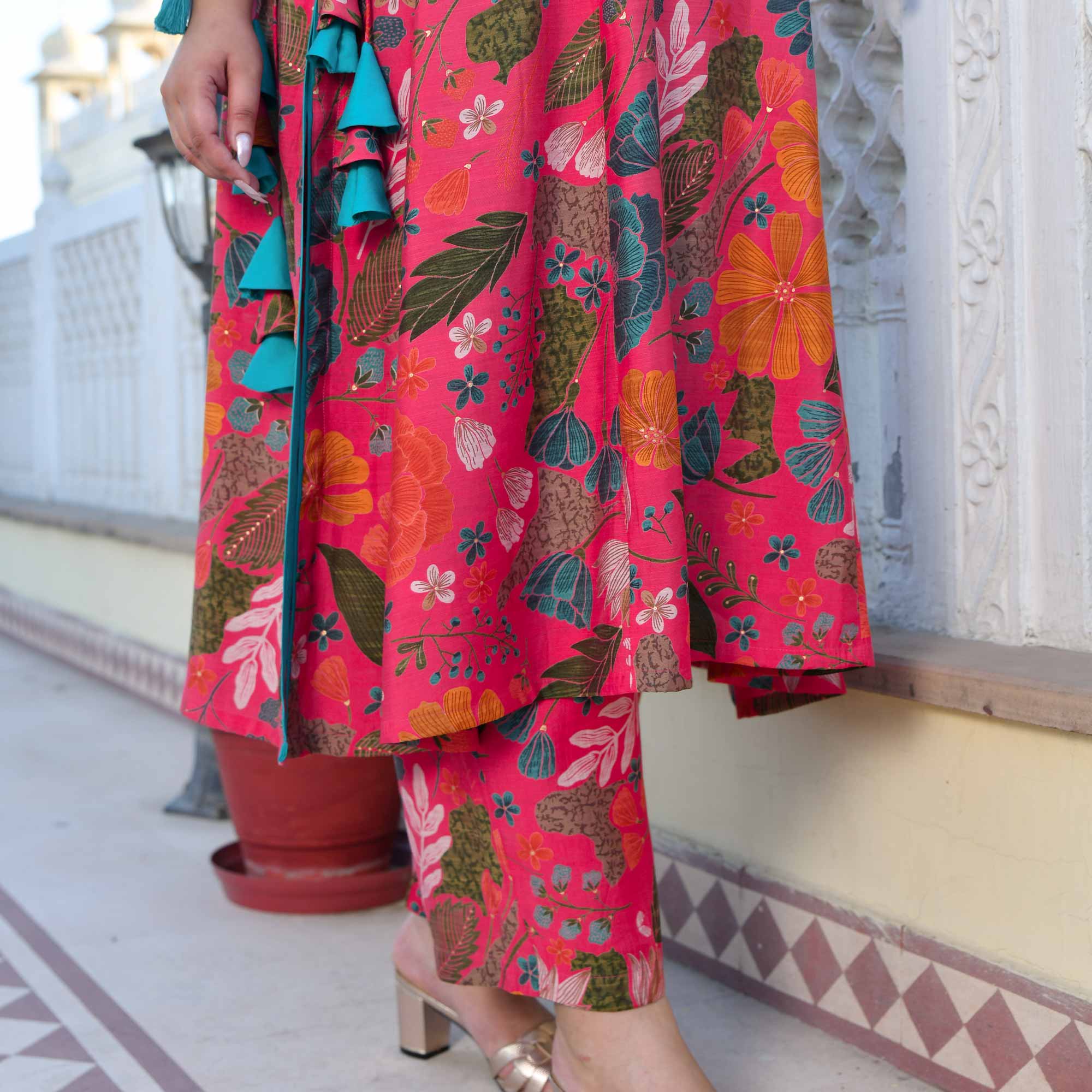 Zinnia- Raspberry Pink Floral Modal Viscose Blend Aline Slit Kurta Pant Set