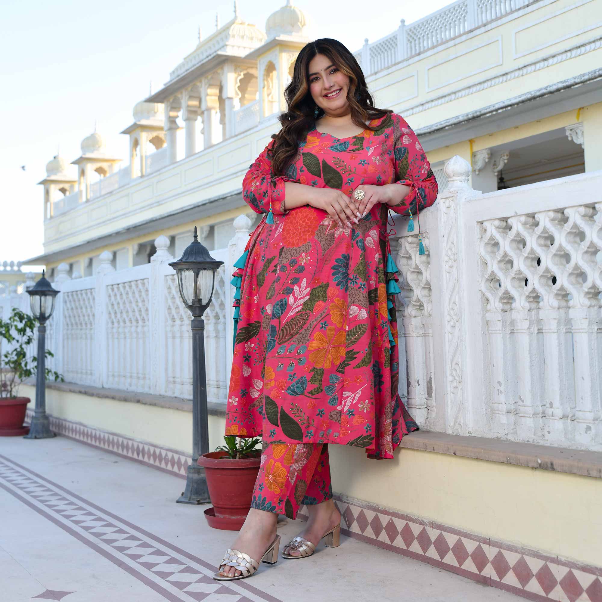 Zinnia- Raspberry Pink Floral Modal Viscose Blend Aline Slit Kurta Pant Set