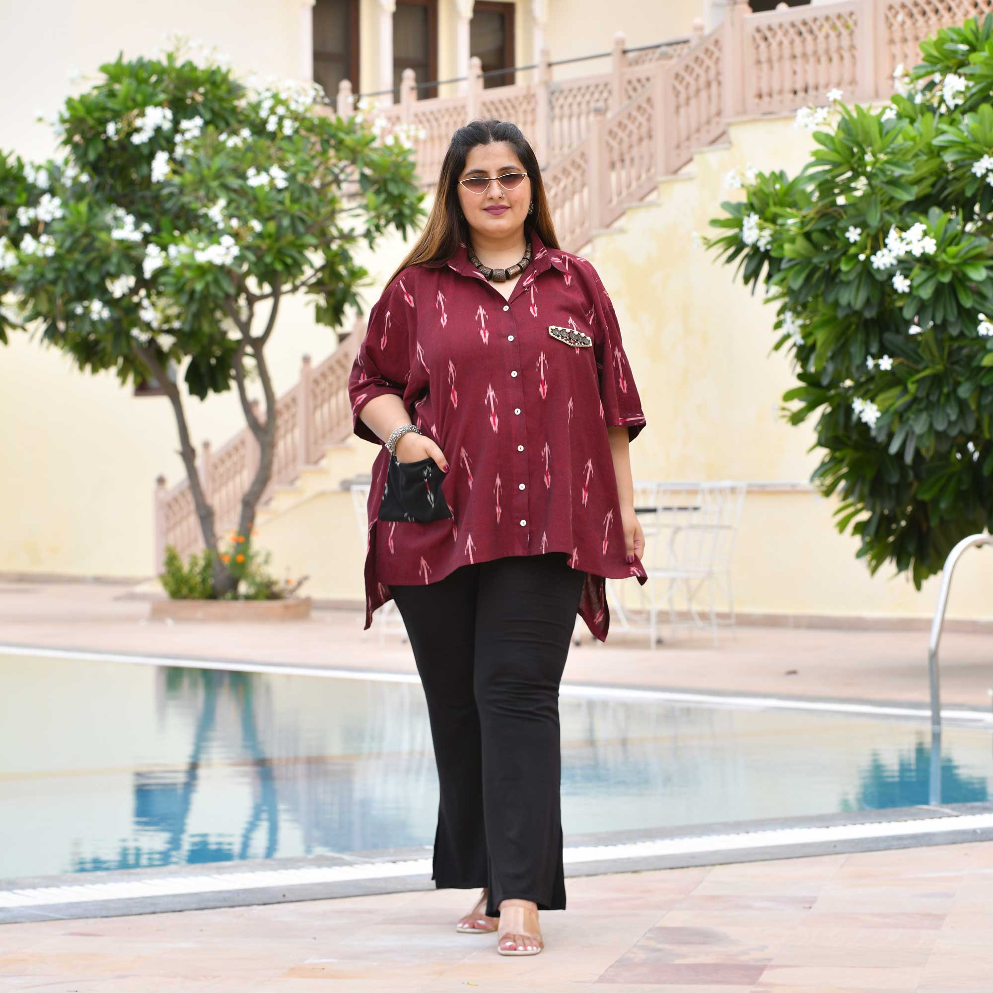 Modern Laila Handwoven Ikkat Embroidered Shirt (Maroon)
