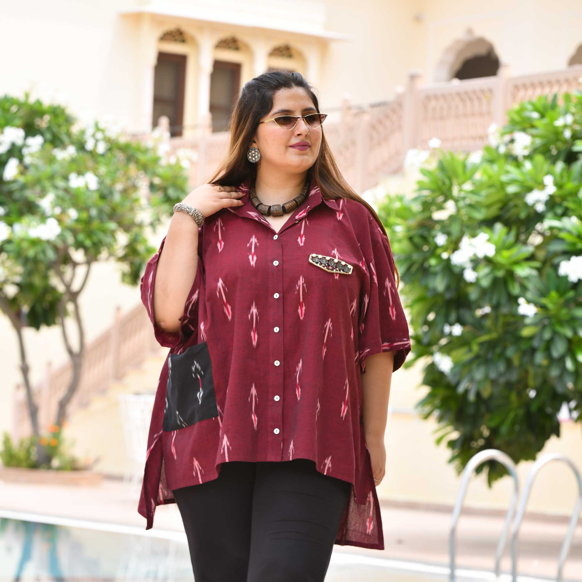 Modern Laila Handwoven Ikkat Embroidered Shirt (Maroon)