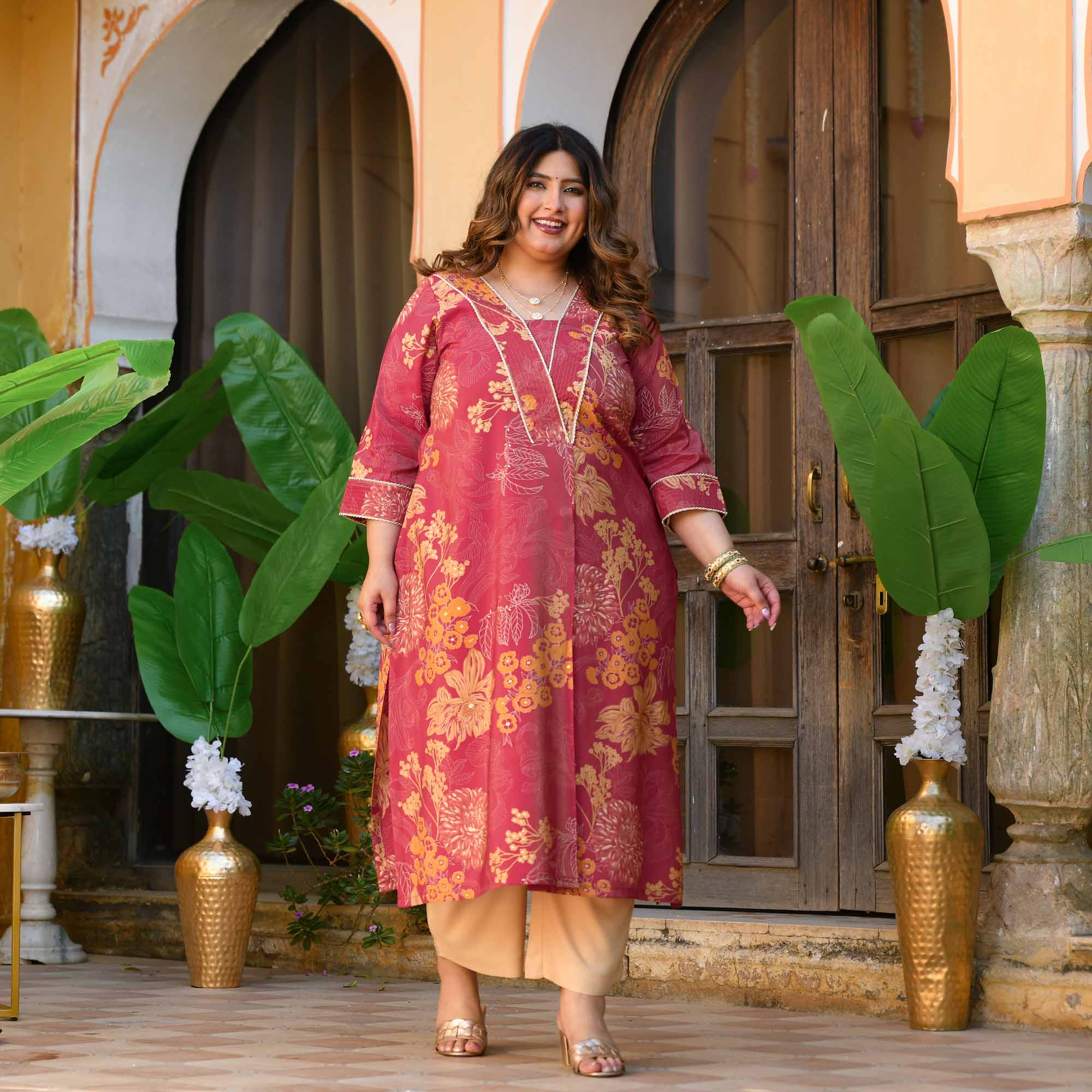 Sweet Lassi- Red Floral Viscose Tissue A-line Pleated Kurta