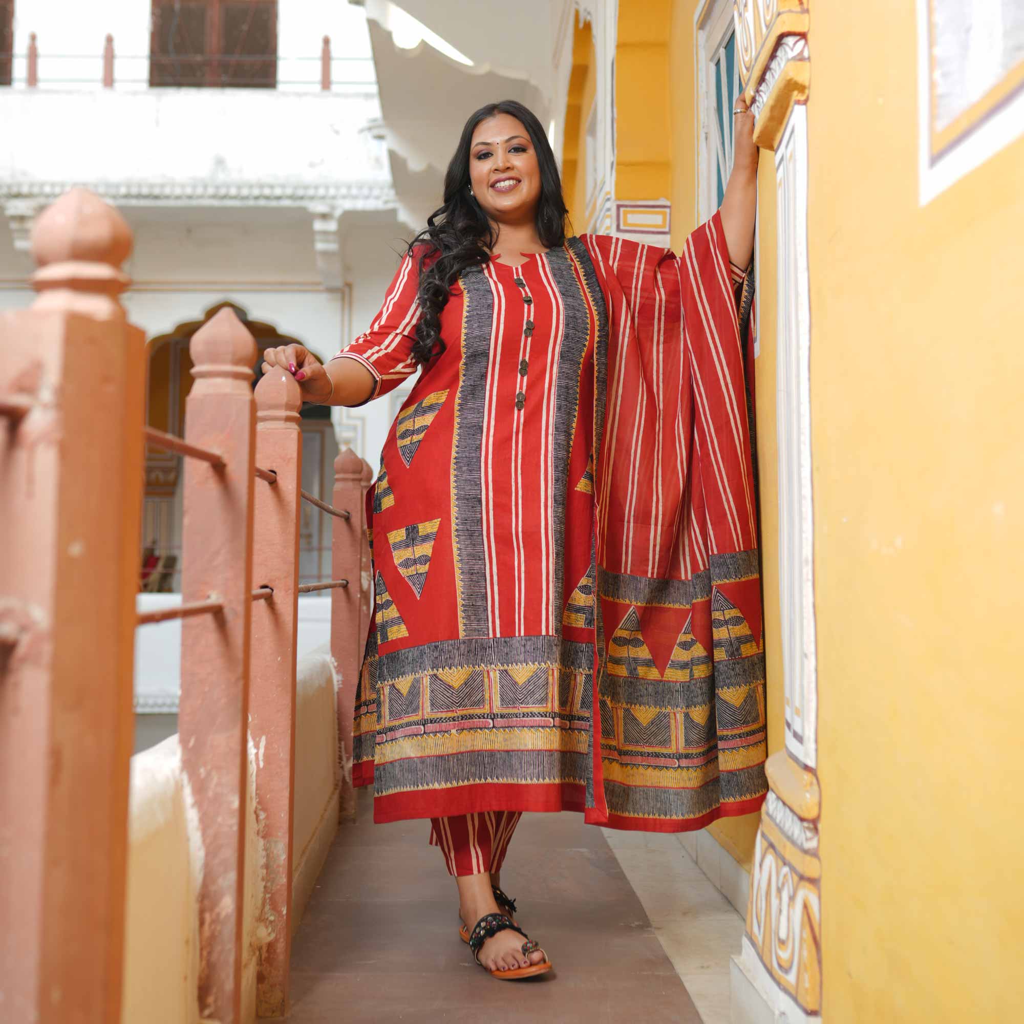 Ruby Slate Triangle Ajrakh Cotton Suit Set