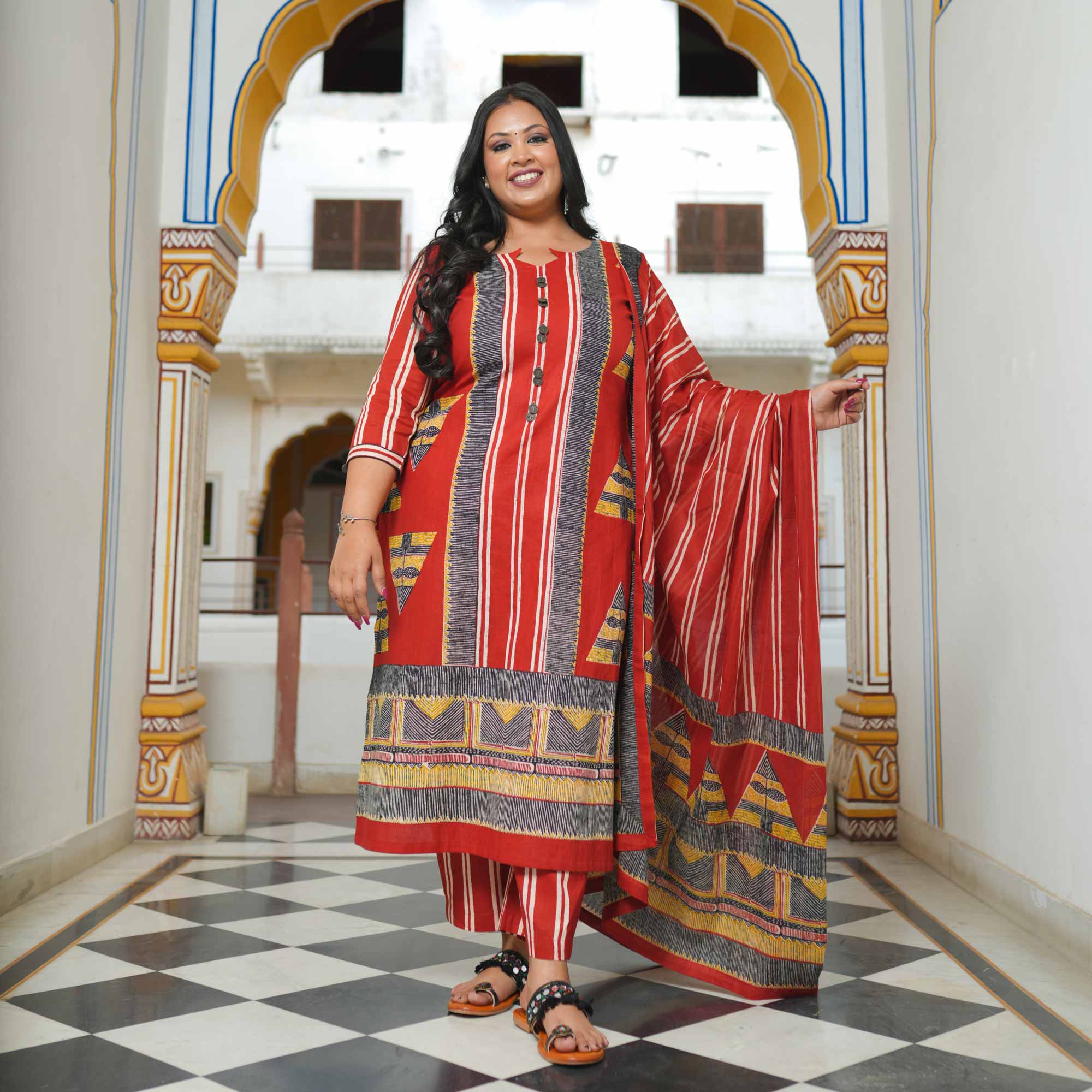 Ruby Slate Triangle Ajrakh Cotton Suit Set