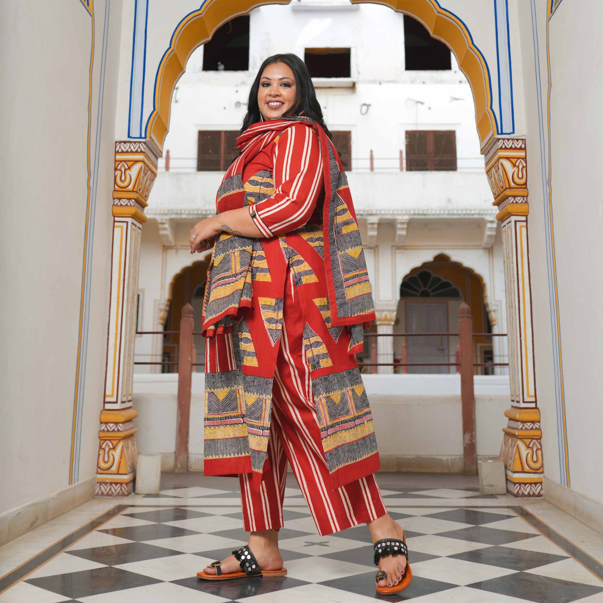 Ruby Slate Triangle Ajrakh Cotton Suit Set