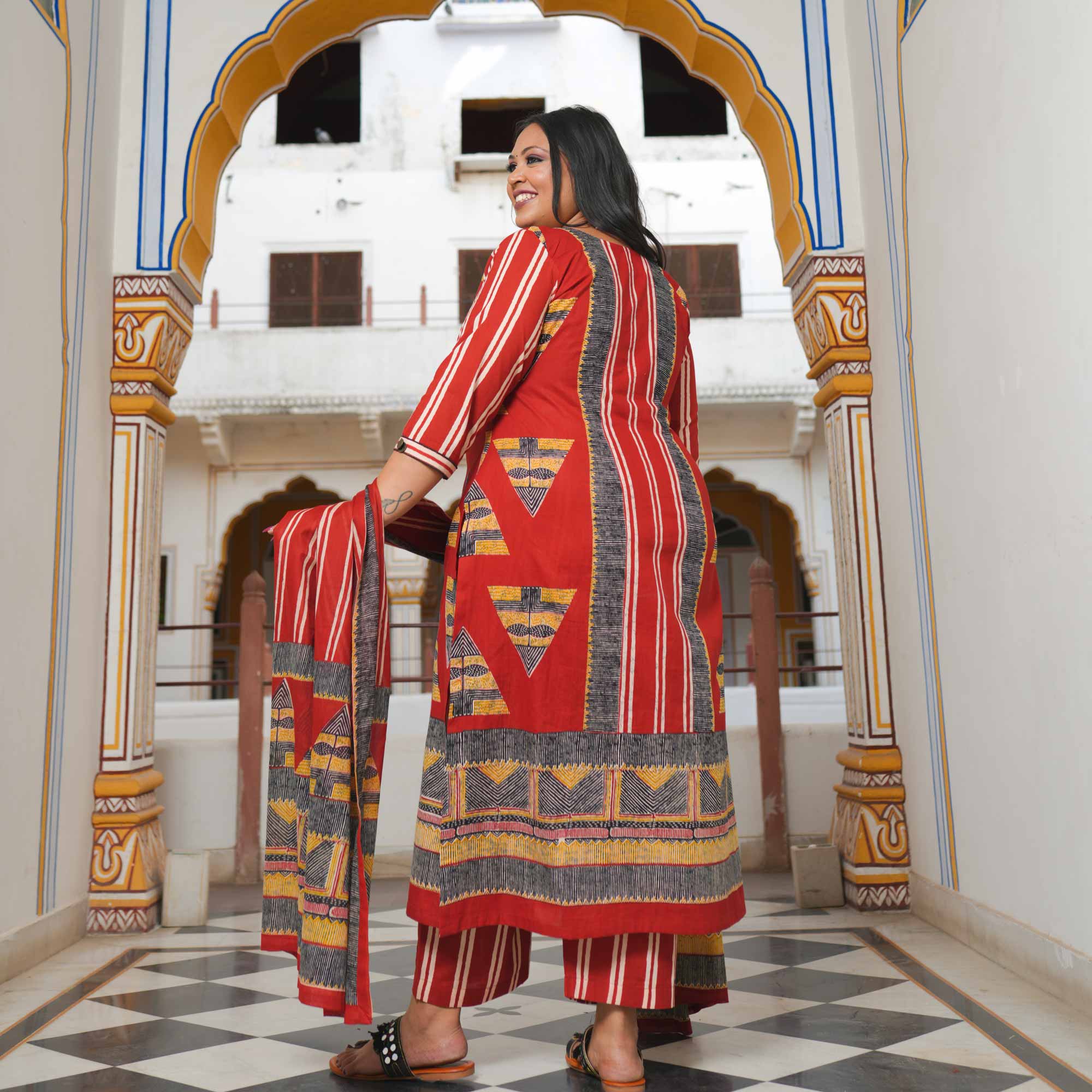 Ruby Slate Triangle Ajrakh Cotton Suit Set