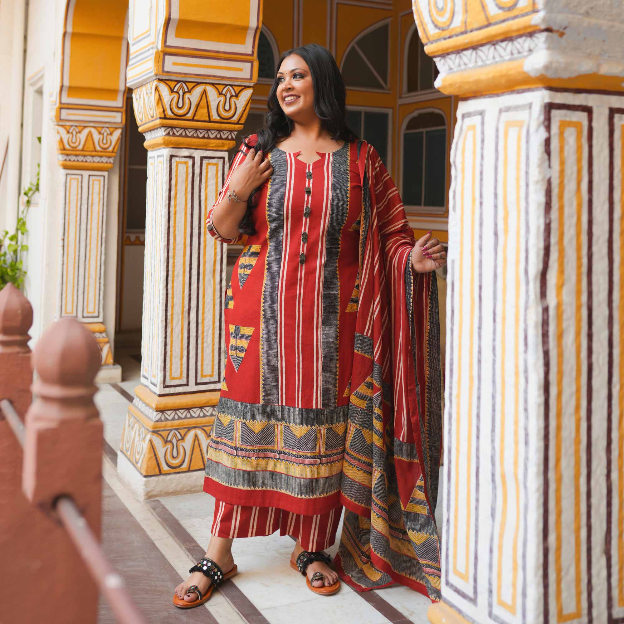 Ruby Slate Triangle Ajrakh Cotton Suit Set