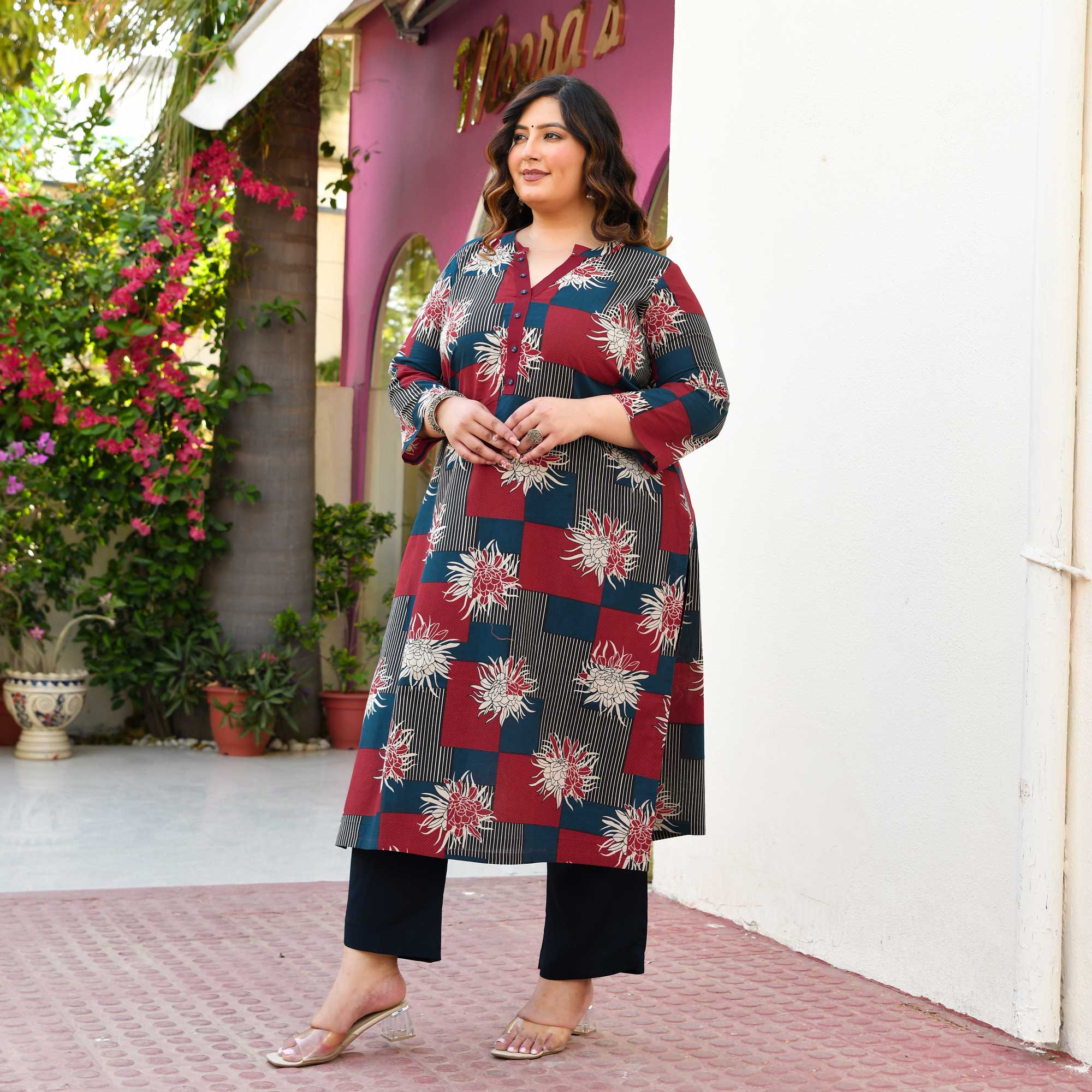 Moonstone- Dark Blue & Maroon Geometrical Printed Pure Cotton Kurta