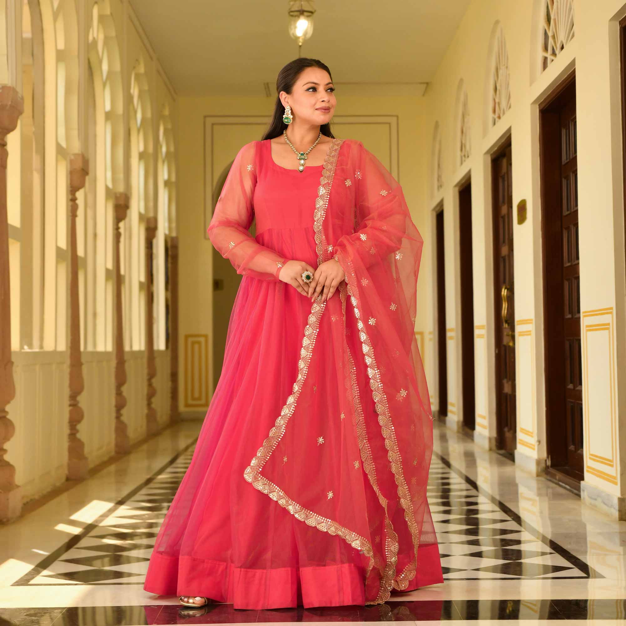 Coral Crush Glam Tissue Net Anarkali Set