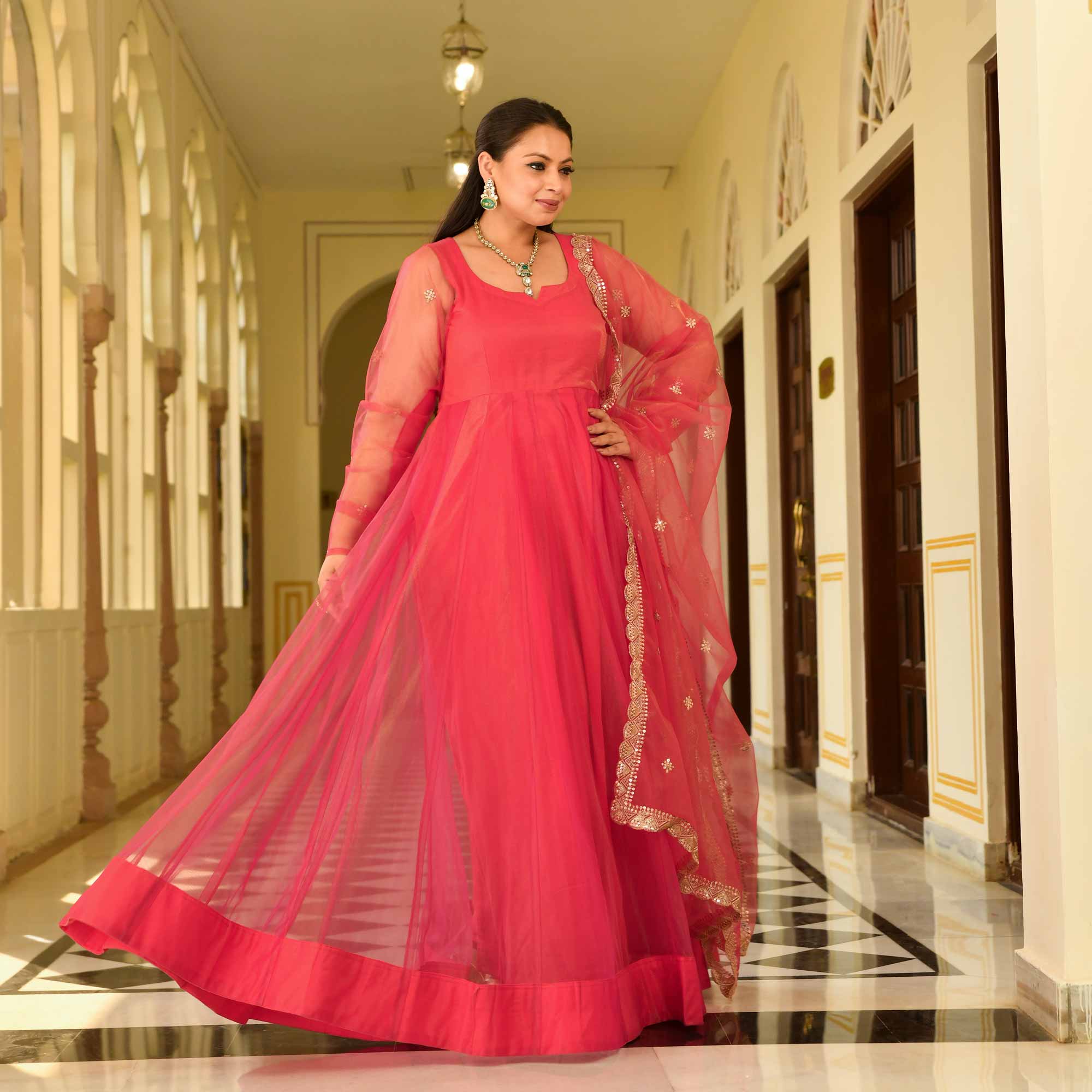 Coral Crush Glam Tissue Net Anarkali Set