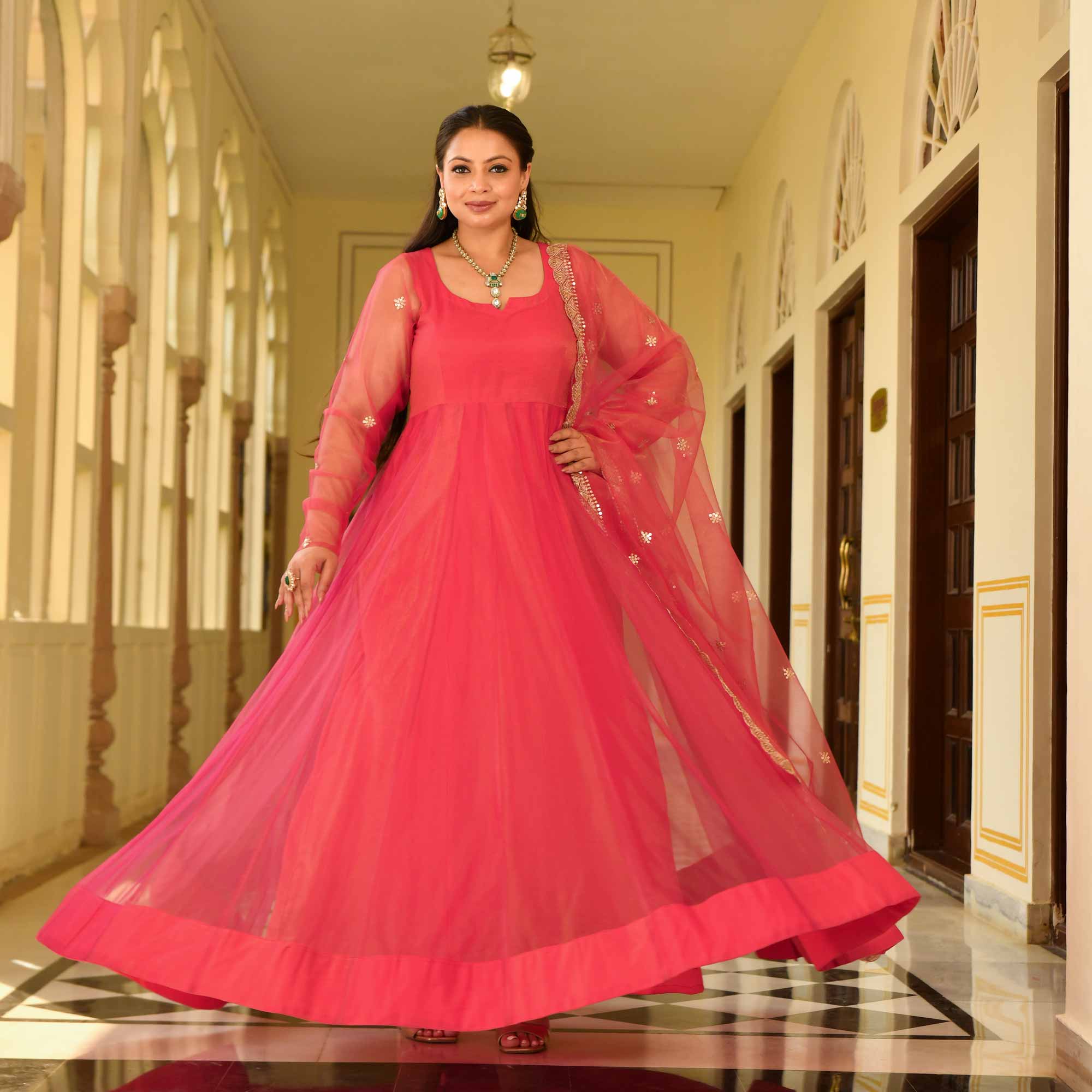 Coral Crush Glam Tissue Net Anarkali Set