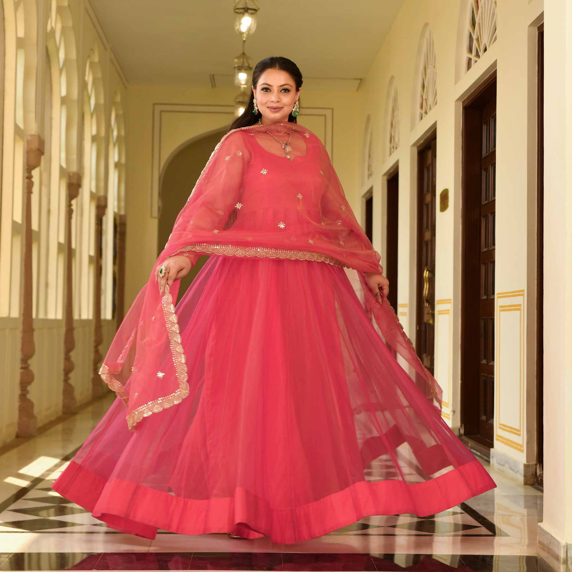 Coral Crush Glam Tissue Net Anarkali Set