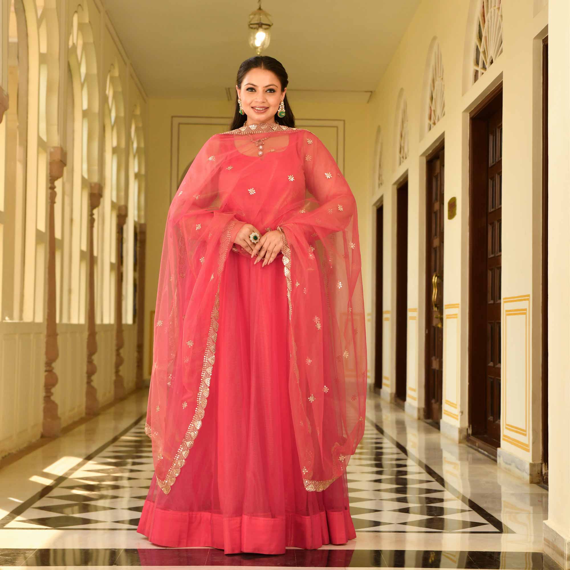 Coral Crush Glam Tissue Net Anarkali Set